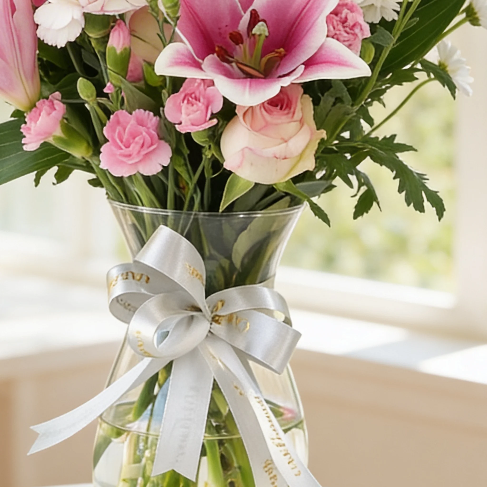 6 pink roses, 6 pink carnations, 2 pink lilies and 4 pink spray carnations with green fillers in a glass vase.