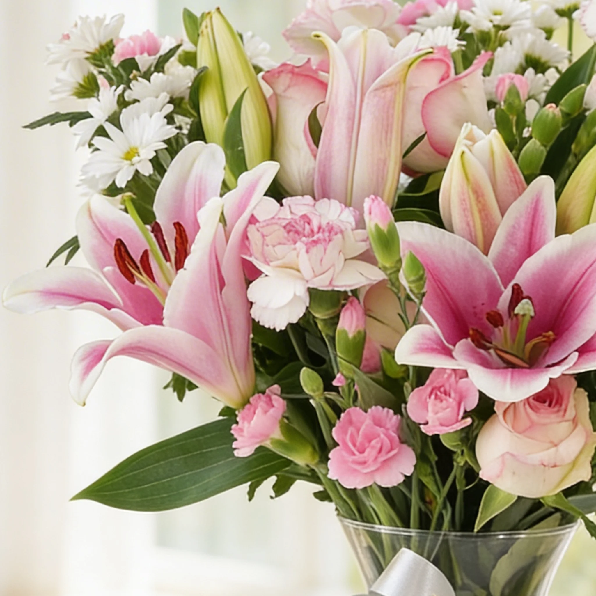 6 pink roses, 6 pink carnations, 2 pink lilies and 4 pink spray carnations with green fillers in a glass vase.