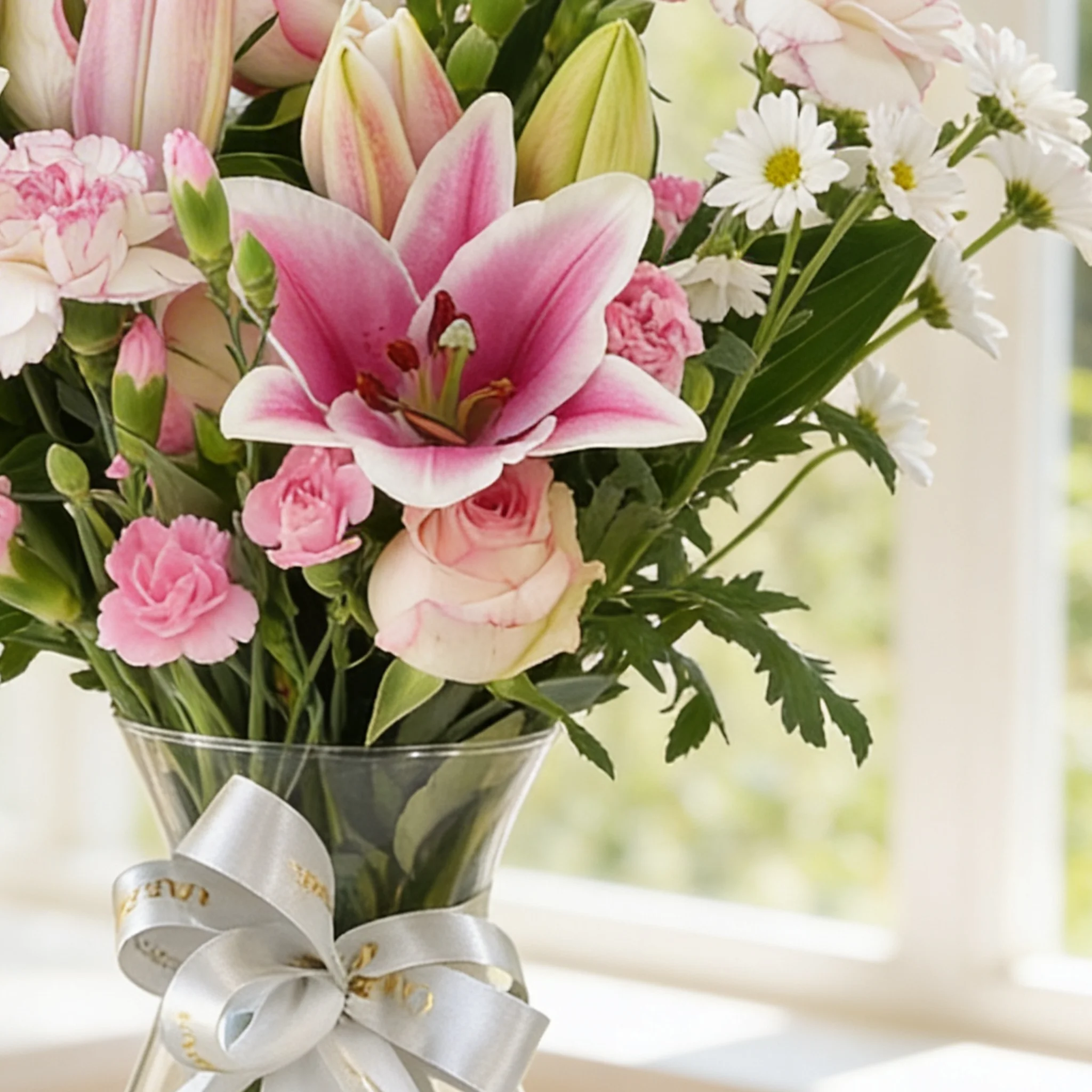 6 pink roses, 6 pink carnations, 2 pink lilies and 4 pink spray carnations with green fillers in a glass vase.
