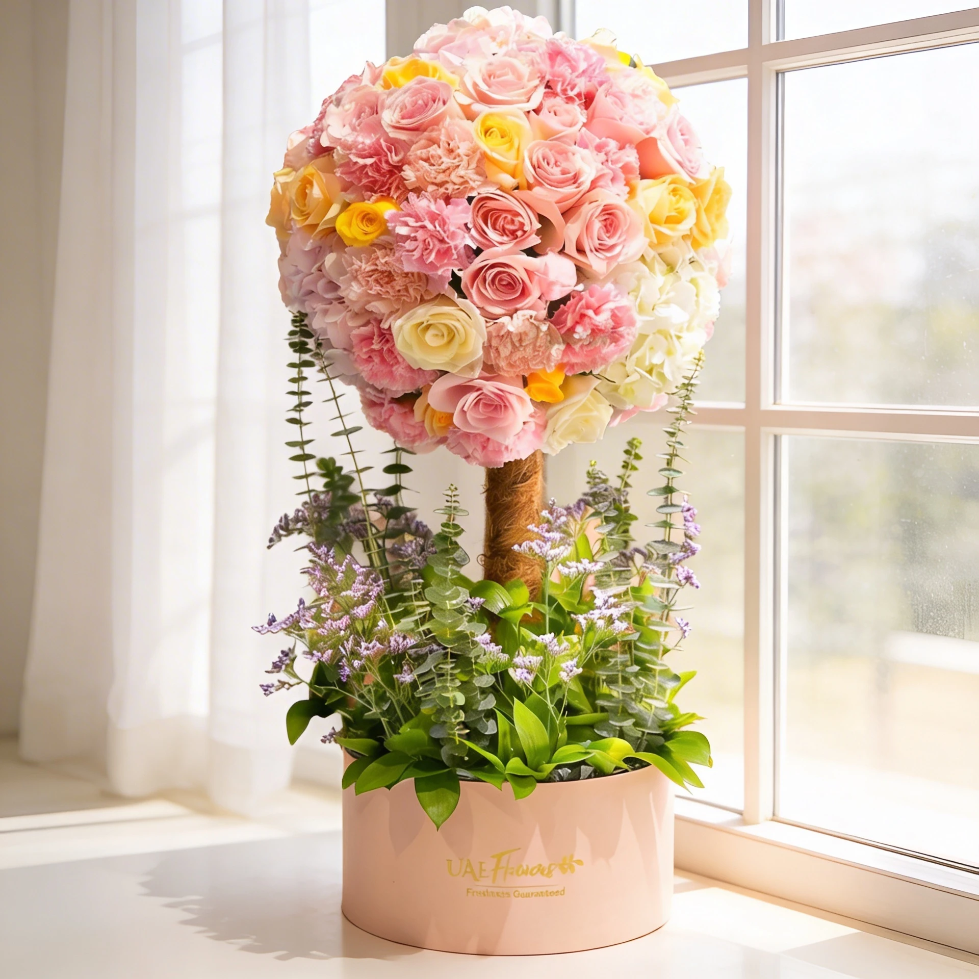 3 pink & 3 white hydrangeas, 10 pink carnations, & 40 yellow, white, pink & peach roses with eucalyptus leaf, limonium, and green fillers in a pink round box