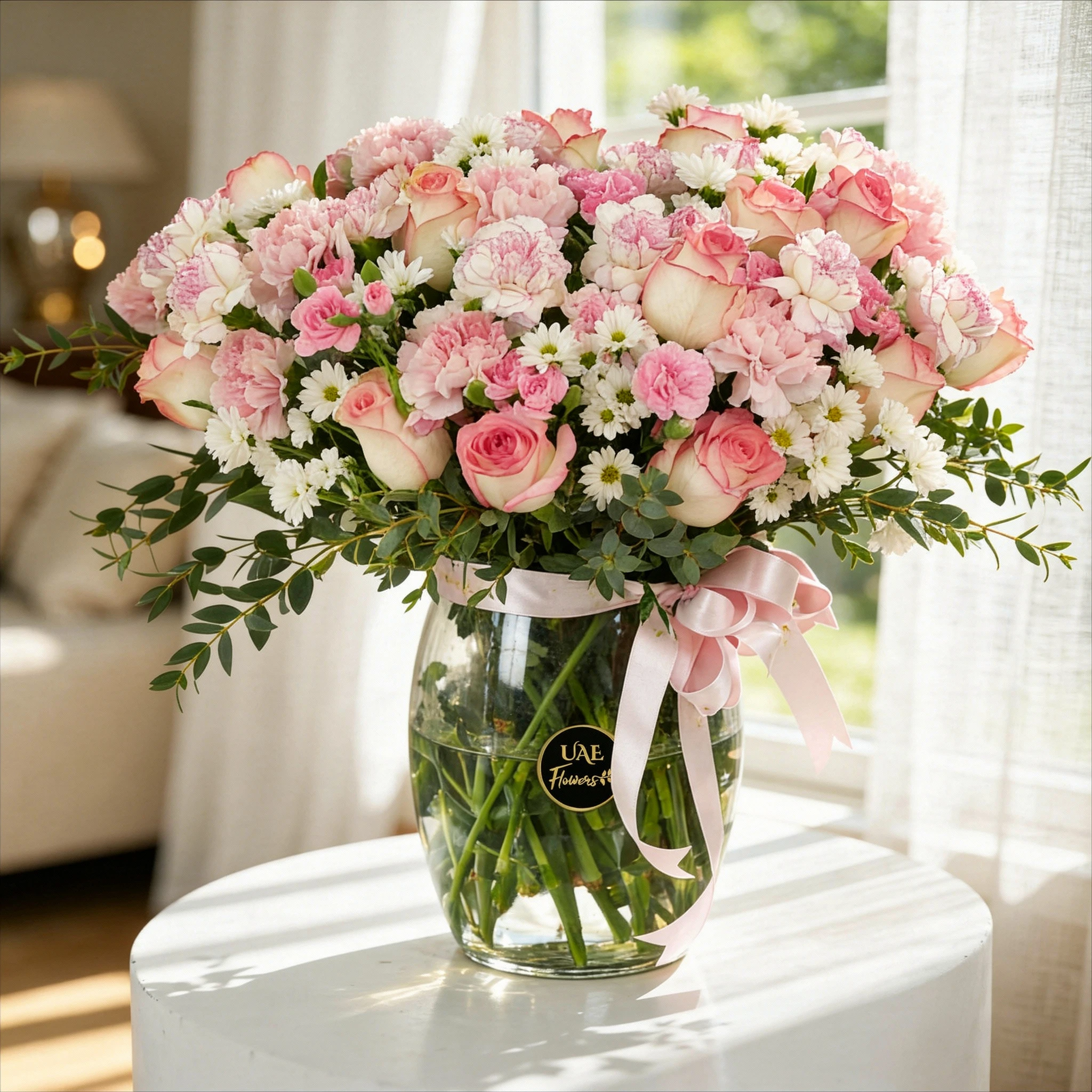 15 pink carnations, 15 pink roses, 10 pink spray carnations and 5 white chrysanthemums with green fillers in glass vase.