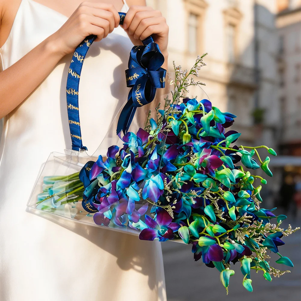 Blue 20 orchids arranged in an acrylic bag