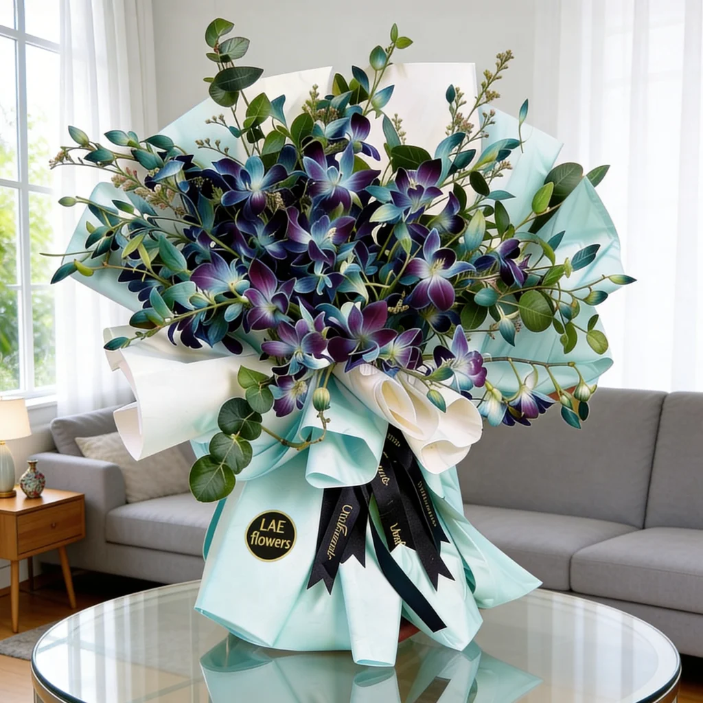 A bouquet of 20 blue orchids with greens and limonium fillers wrapped in blue and white paper tied with blue ribbons