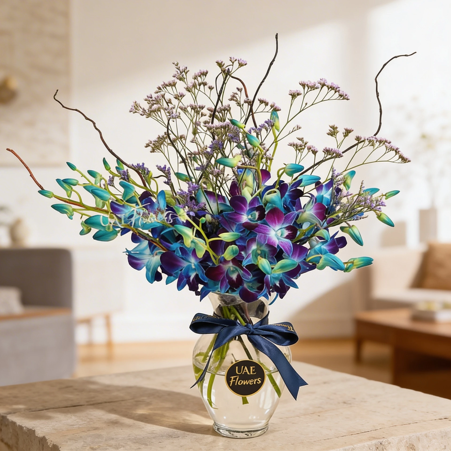 20 blue orchids in a glass vase