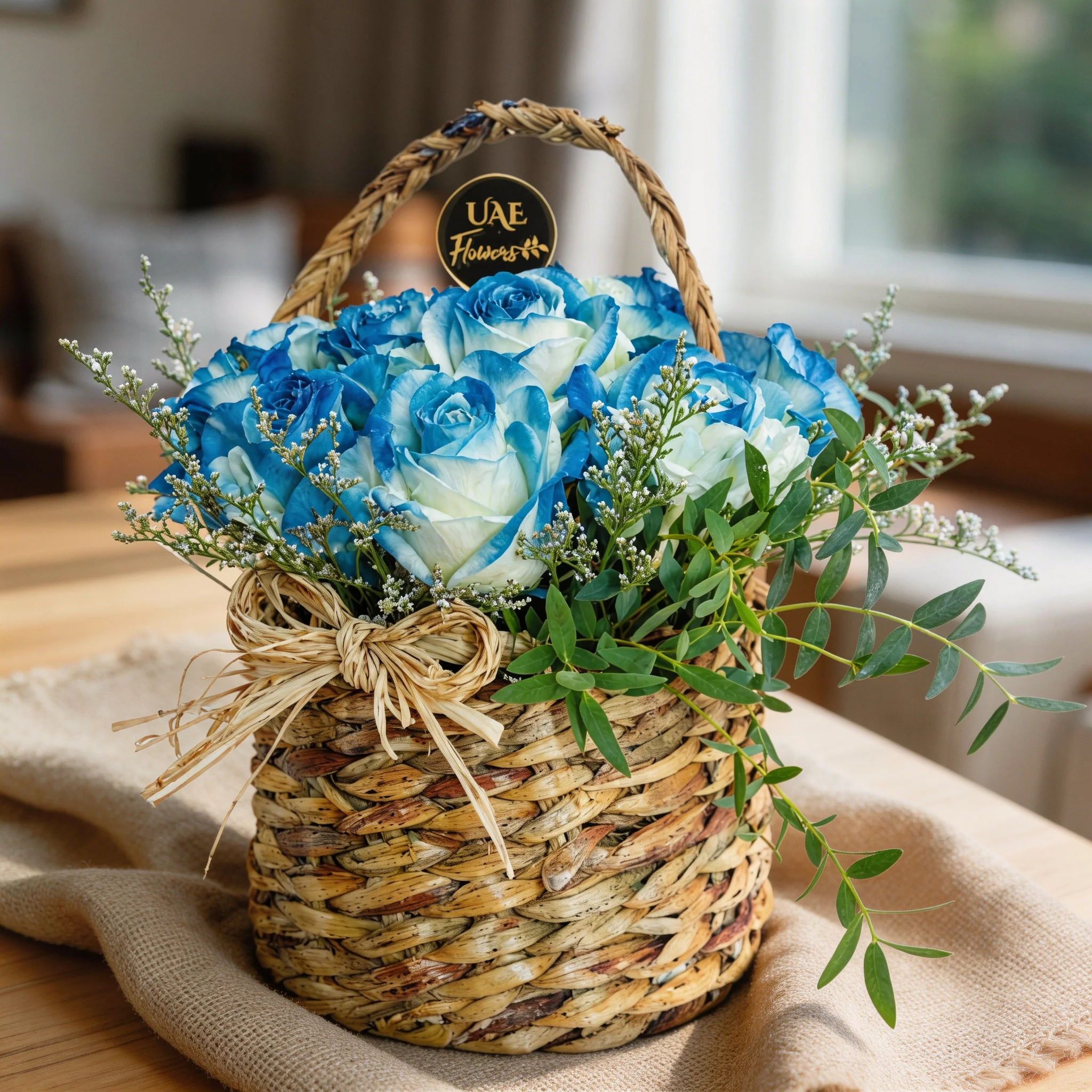 Basket of 10 blue roses with fillers
