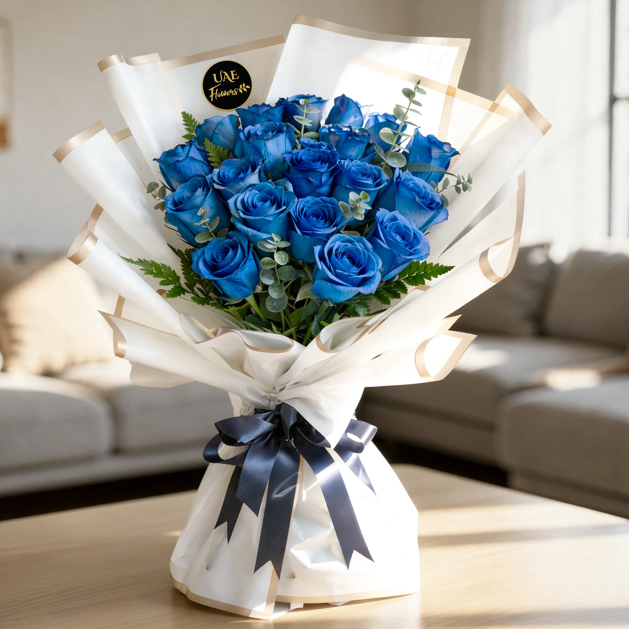Bouquet of 20 blue sprayed roses with green fillers wrapped in white paper and tied with a navy ribbon