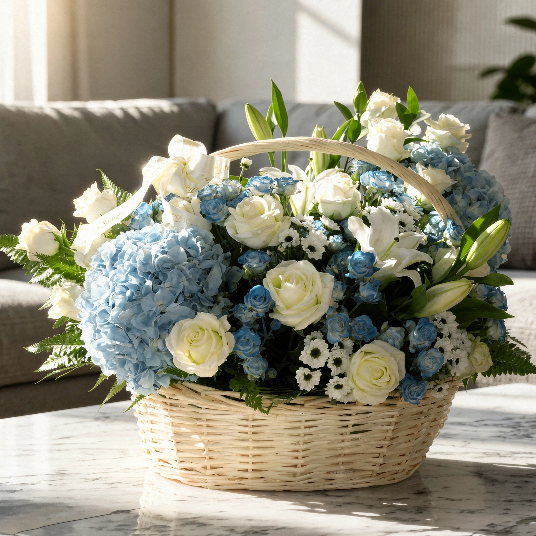 Handle basket with blue hydrangeas, white roses, blue spray roses, white lilies, and chrysanthemums arranged with fillers.