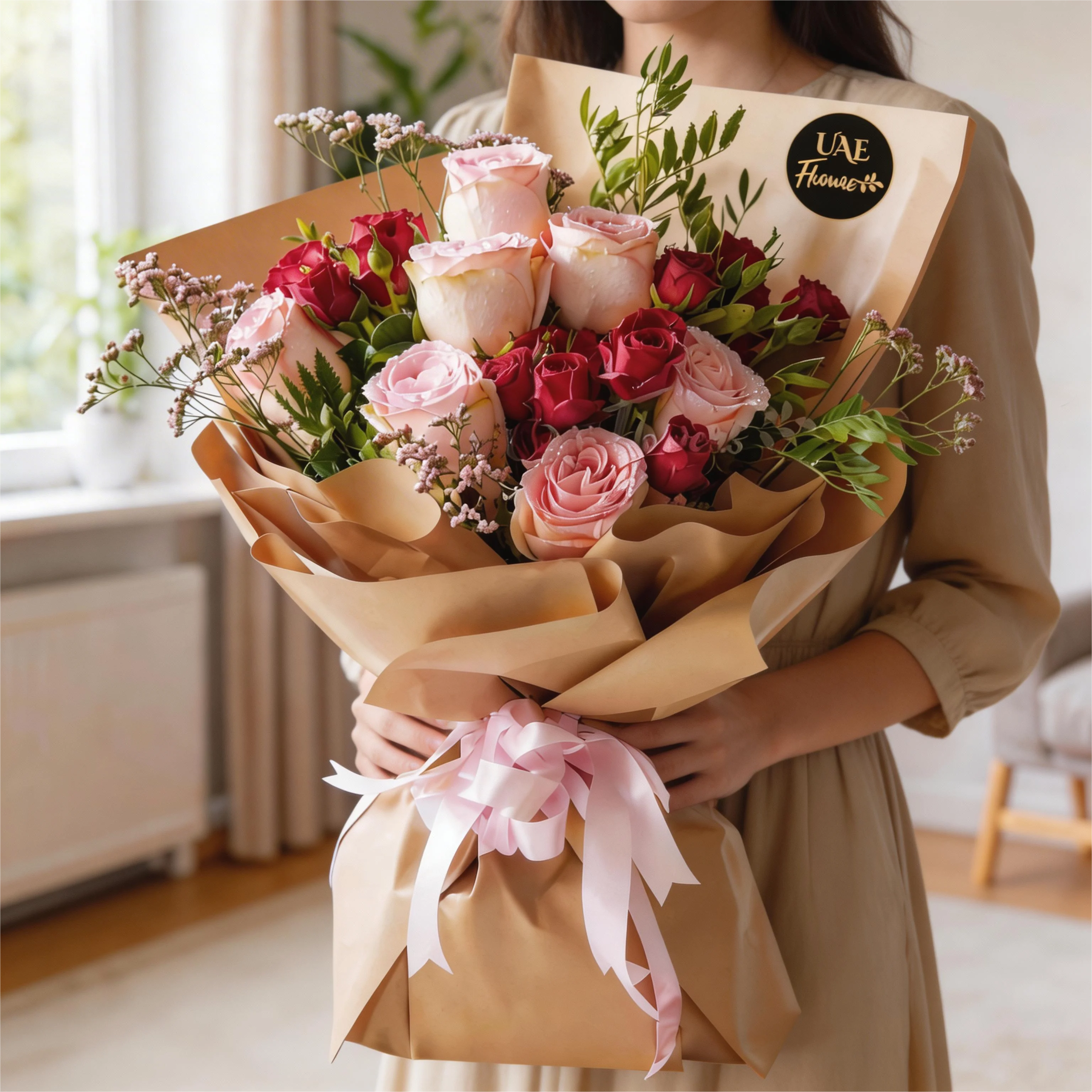 bouquet of 7 pink roses and 3 red spray roses with green and limonium fillers