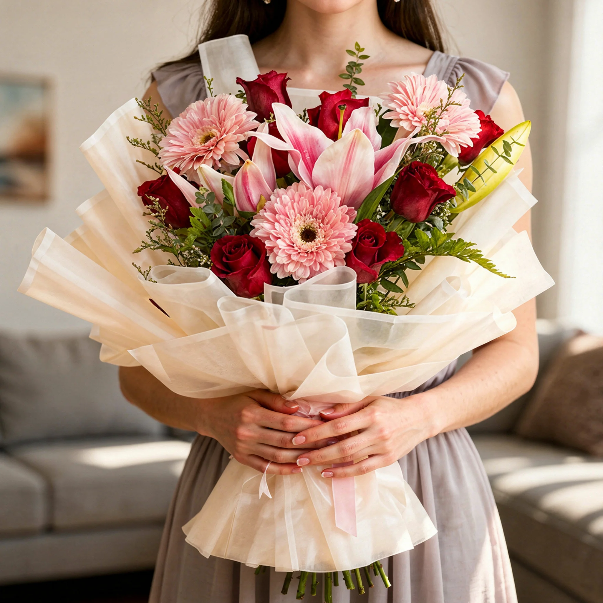 8 Red roses, 1 pink lily, 3 Pink Gerberas, Limonium, Eucalyptus, leather leaves wrapped in white with a satin pink ribbon