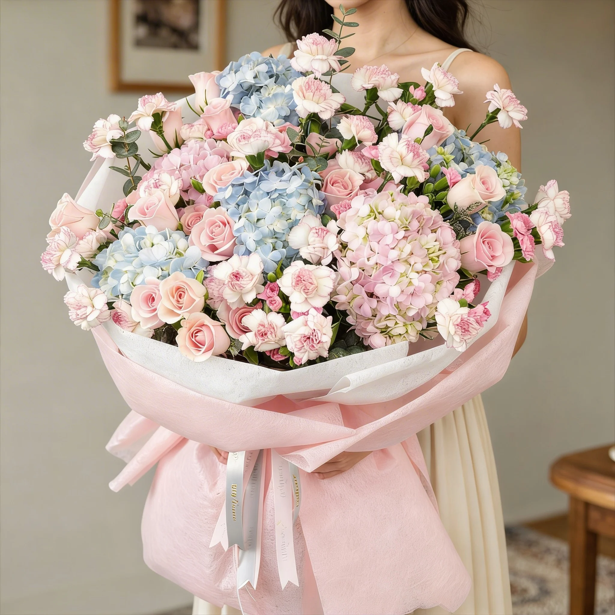 Bouquet of 4 blue hydrangeas, 2 pink hydrangeas, 30 pink roses, 30 pink carnations and 10 pink spray carnations with green fillers in pink wrapping.