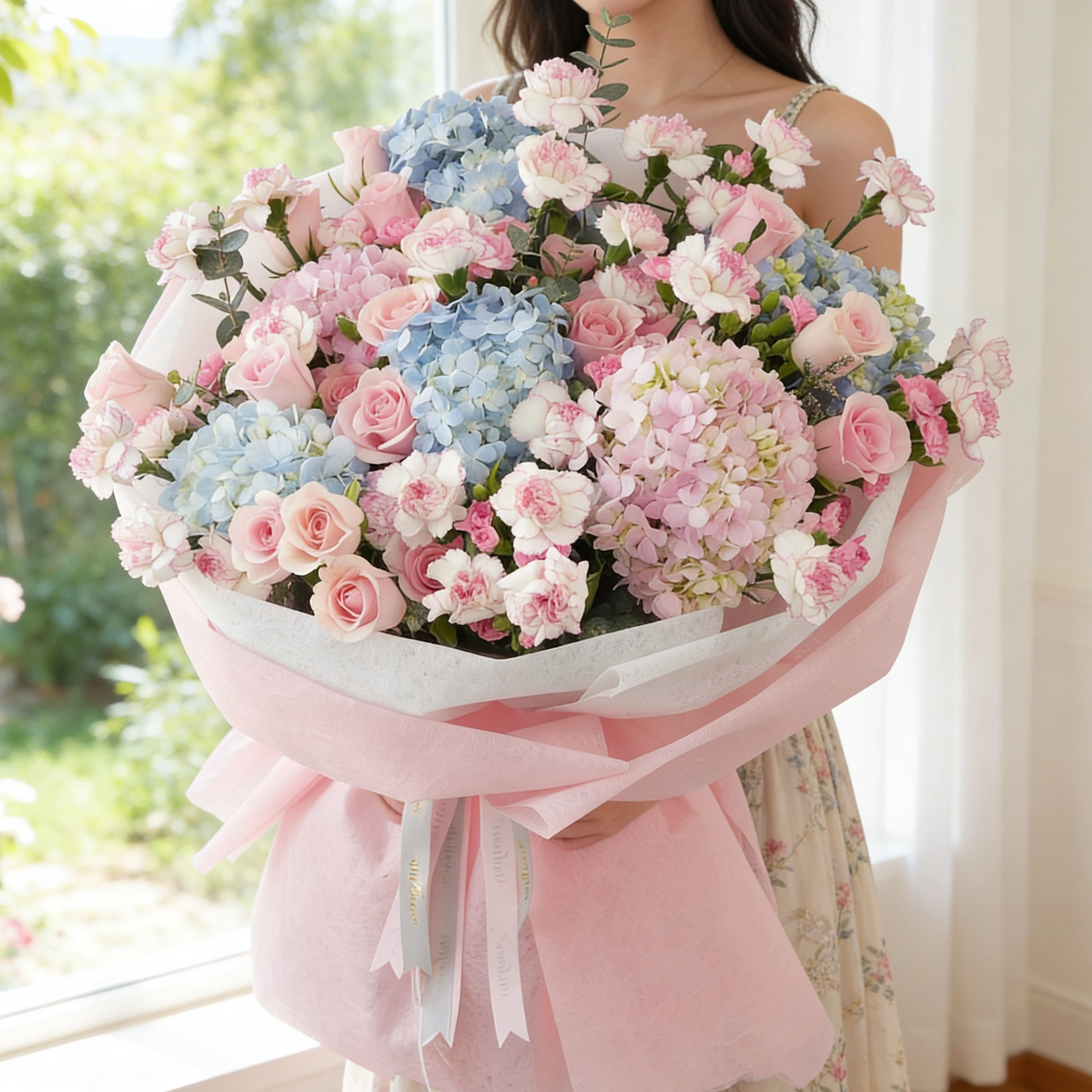 Bouquet of 4 blue hydrangeas, 2 pink hydrangeas, 30 pink roses, 30 pink carnations and 10 pink spray carnations with green fillers in pink wrapping.