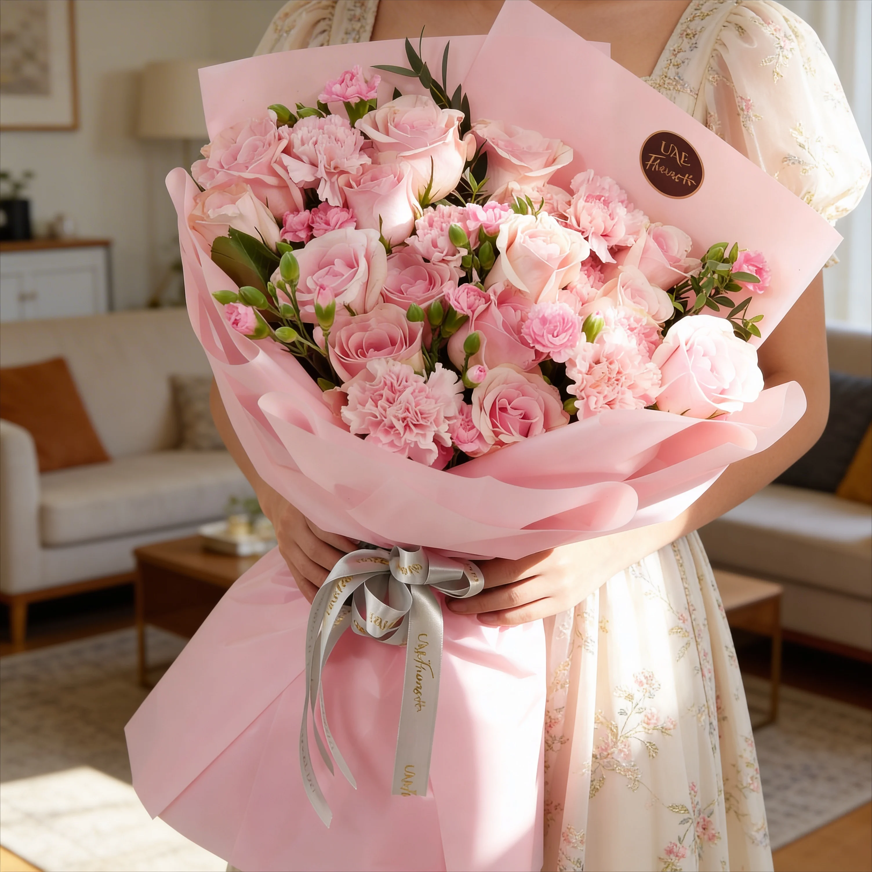 Bouquet of 15 pink roses, 5 pink carnations, 2 pink spray carnations with green fillers in pink wrapping.