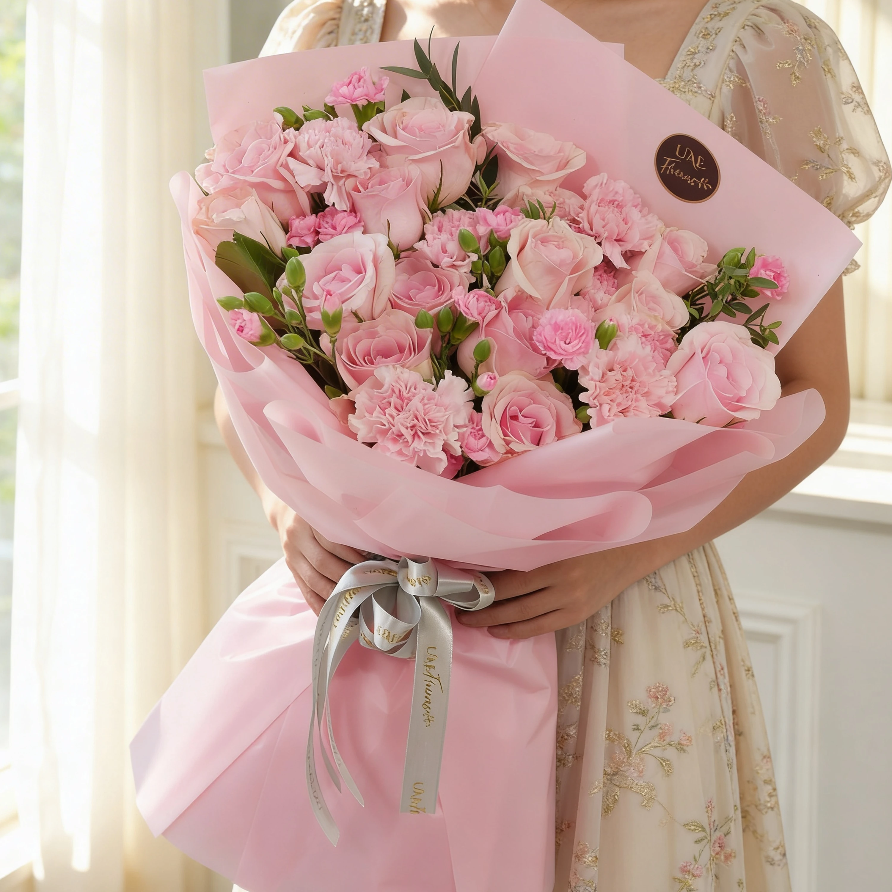 Bouquet of 15 pink roses, 5 pink carnations, 2 pink spray carnations with green fillers in pink wrapping.