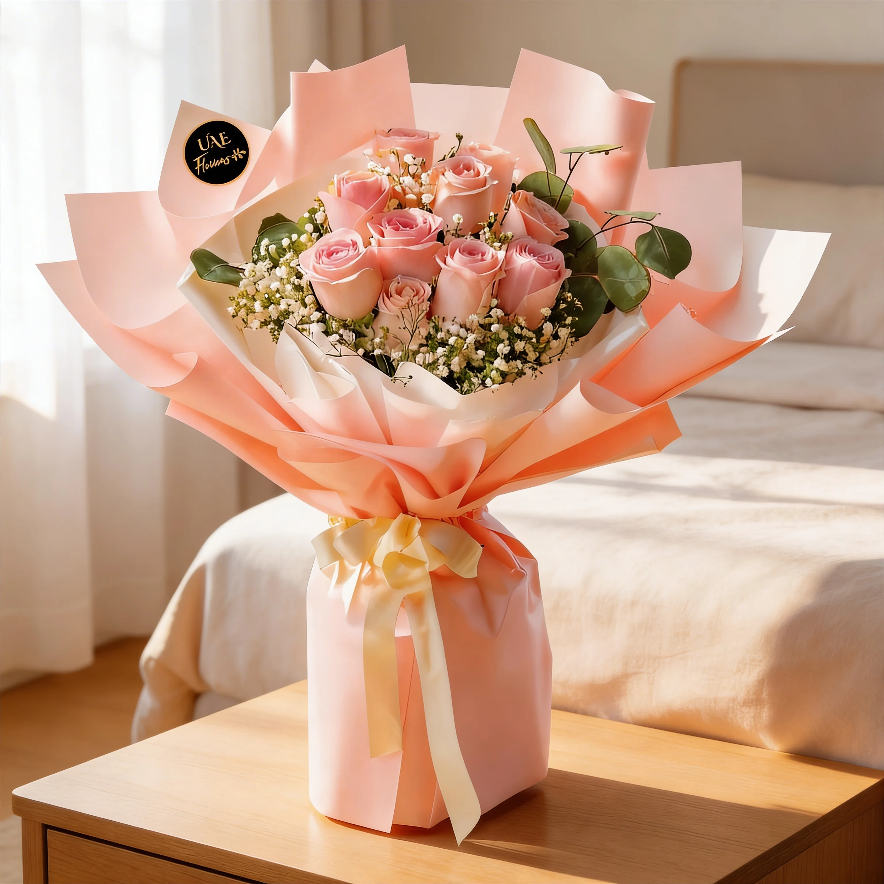 A bouquet of 10 pink roses with gypsophila and eucalyptus leaves in brown wrapping paper tied with pink ribbon