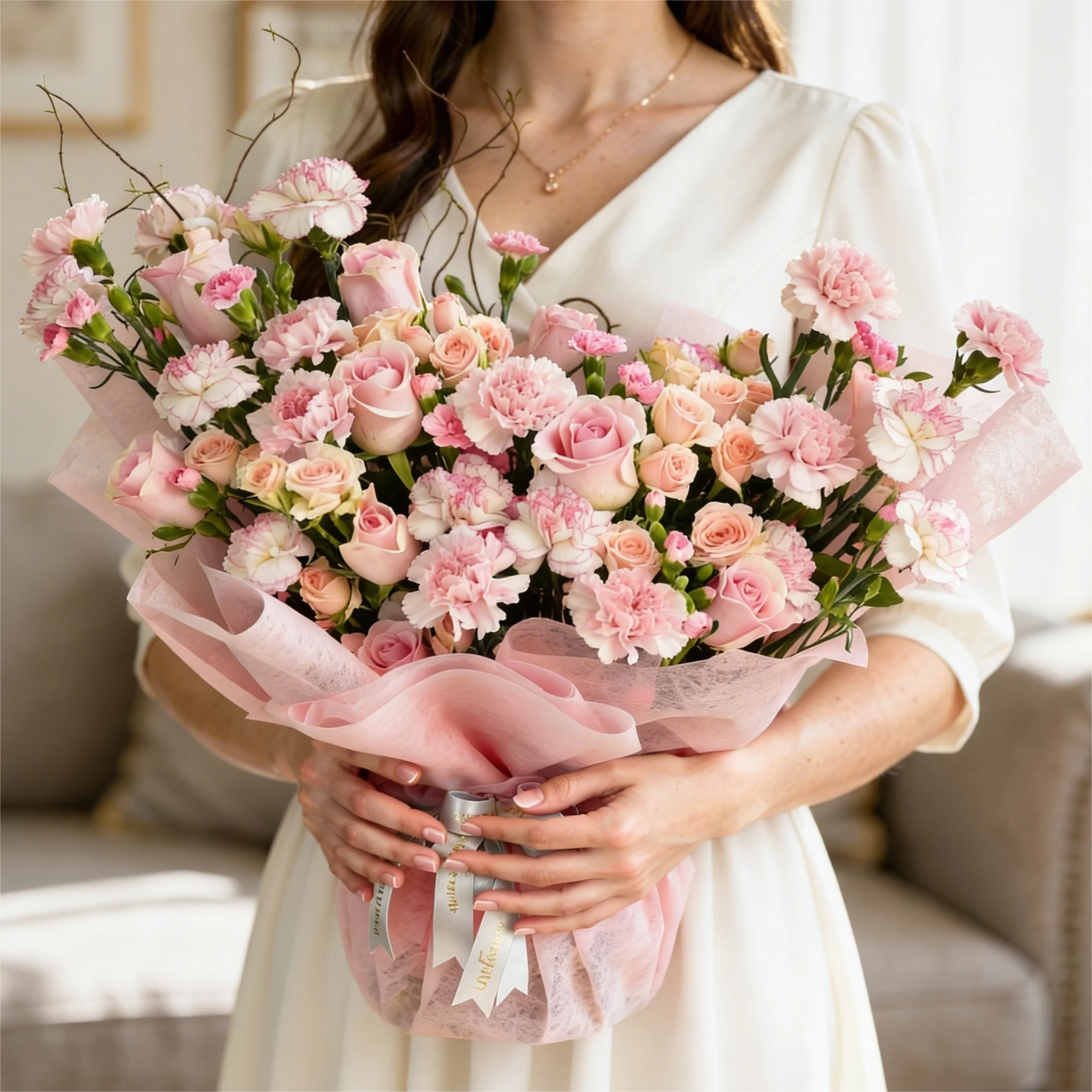 Bouquet of 12 pink roses, 20 pink carnations and 5 pink spray roses with green fillers in pink wrapping.