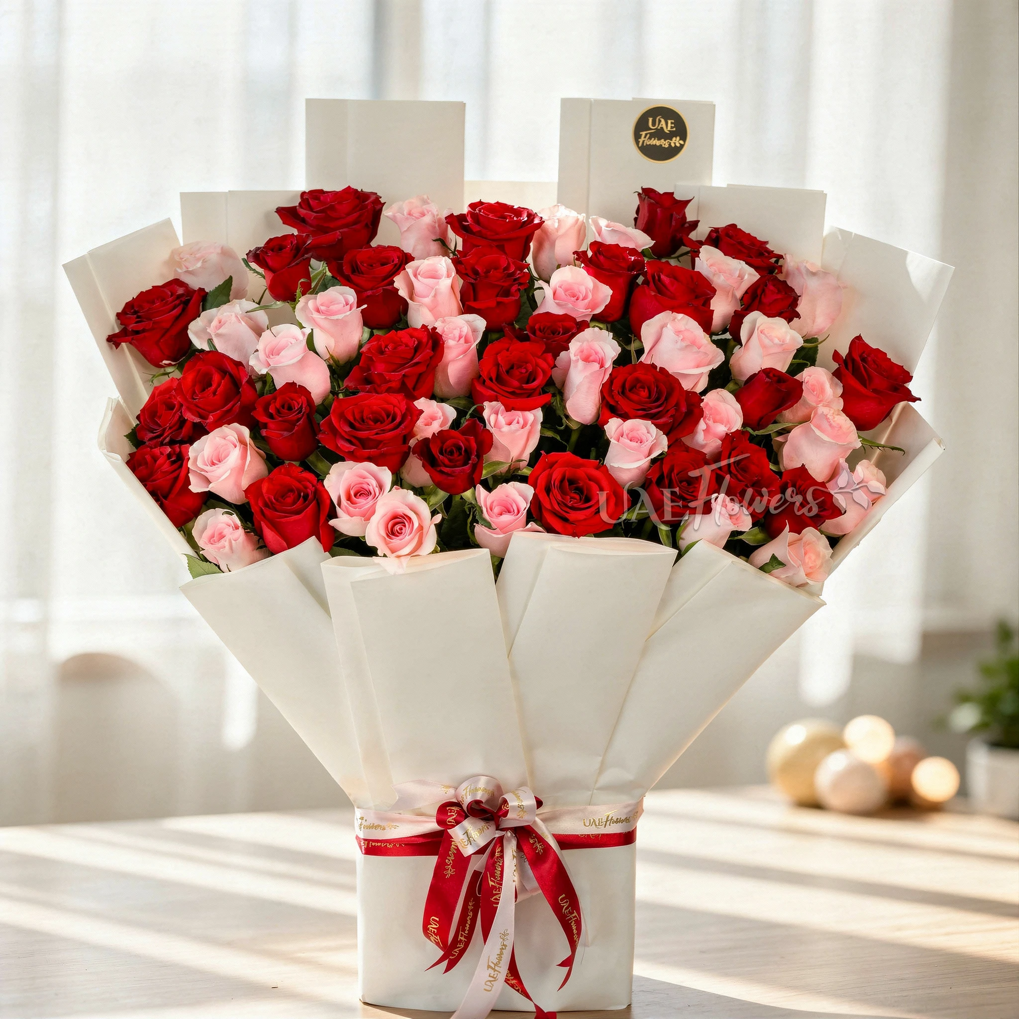 Bouquet of red and pink roses with green fillers