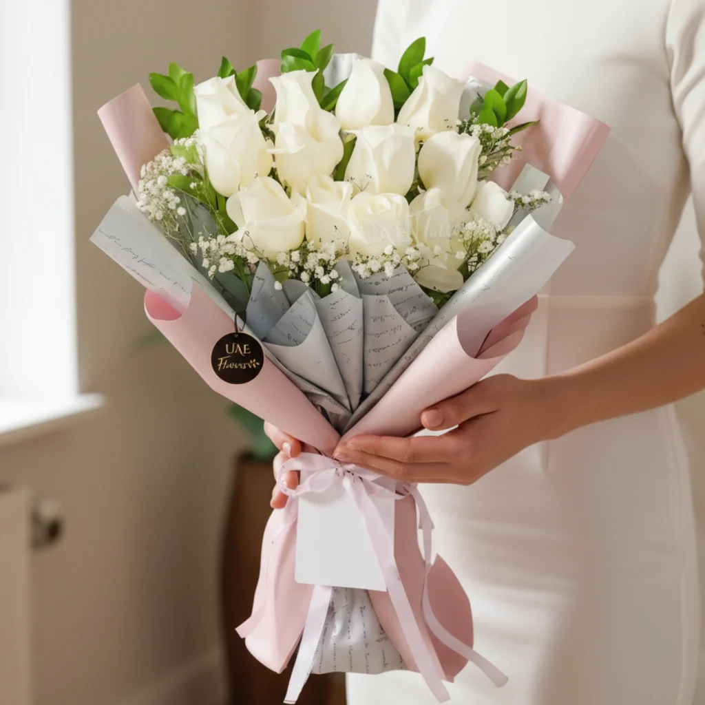 A bouquet of 12 white roses with fillers in a pink wrapping paper tied with pink ribbon