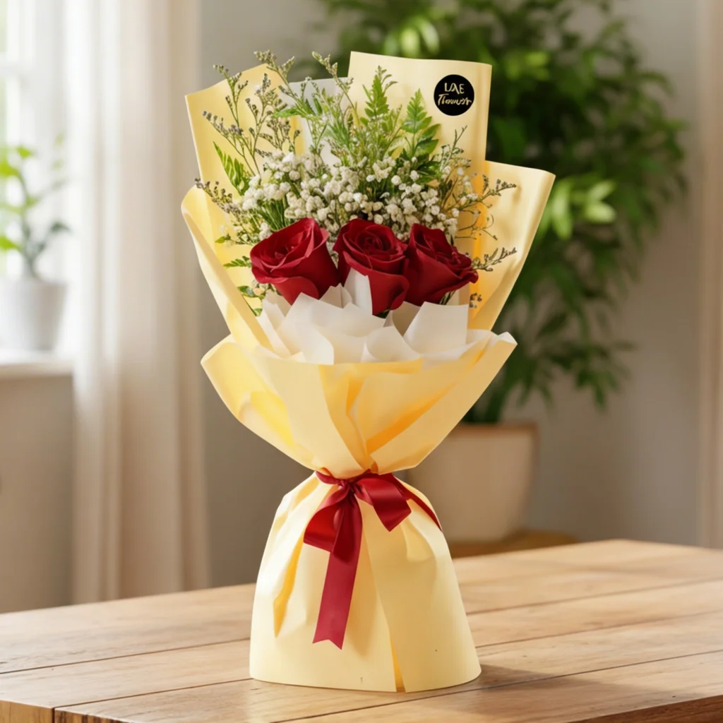 A bouquet of 3 red roses with baby breath and limonium fillers in yellow wrapping paper tied with red ribbon