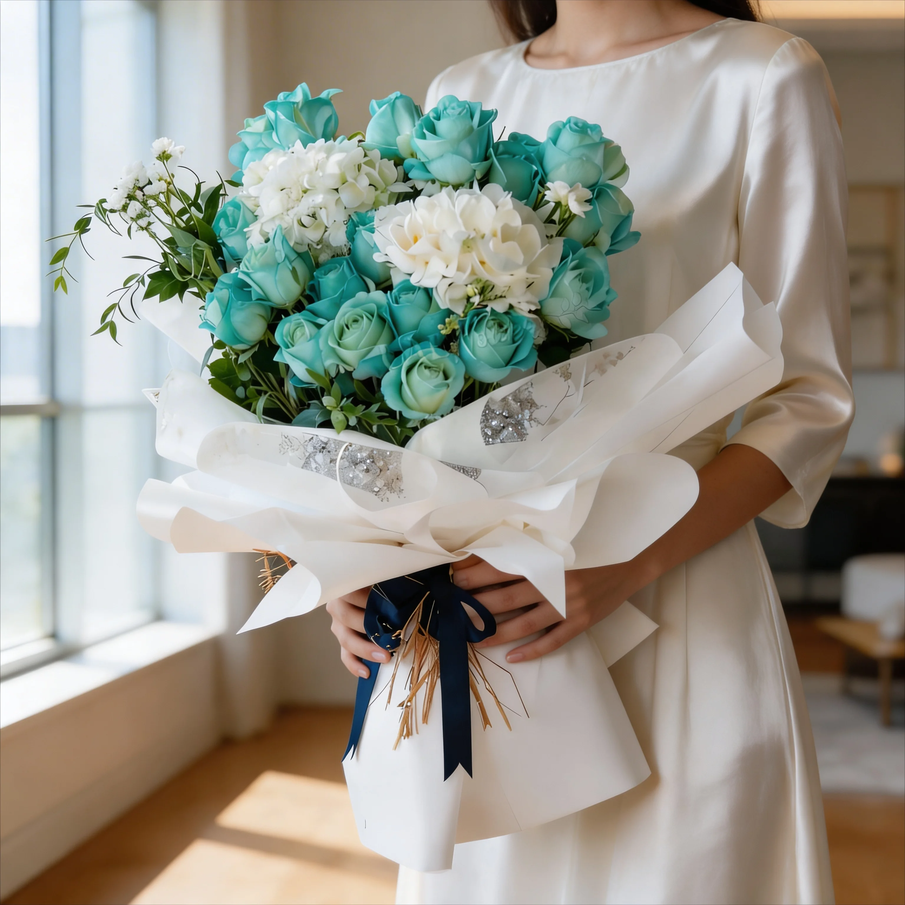 A bouquet of 5 white hydrangeas, 15 blue roses with baby's breath sprayed in blue color with green fillers in blue wrapping paper tied with blue ribbon
