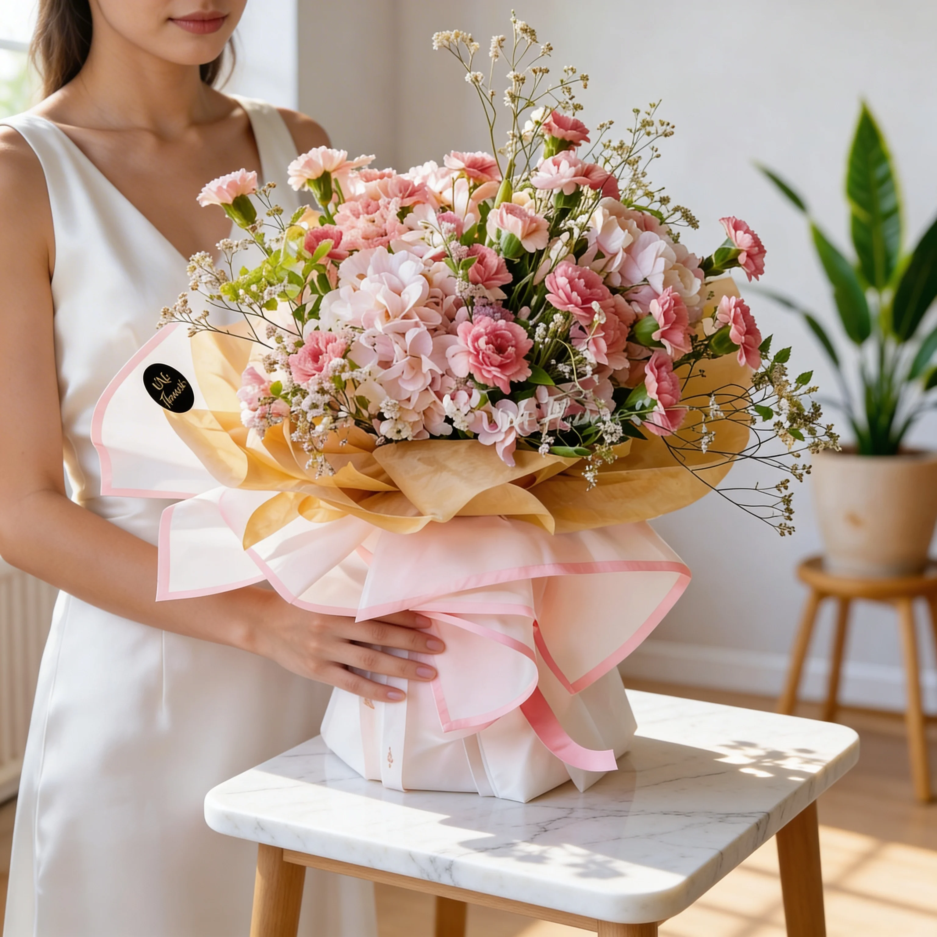 A bouquet of 2 pink hydrangeas, 20 pink carnations and 5 pink alstroemeria with fillers in pink and brown wrapping paper tied with pink ribbon
