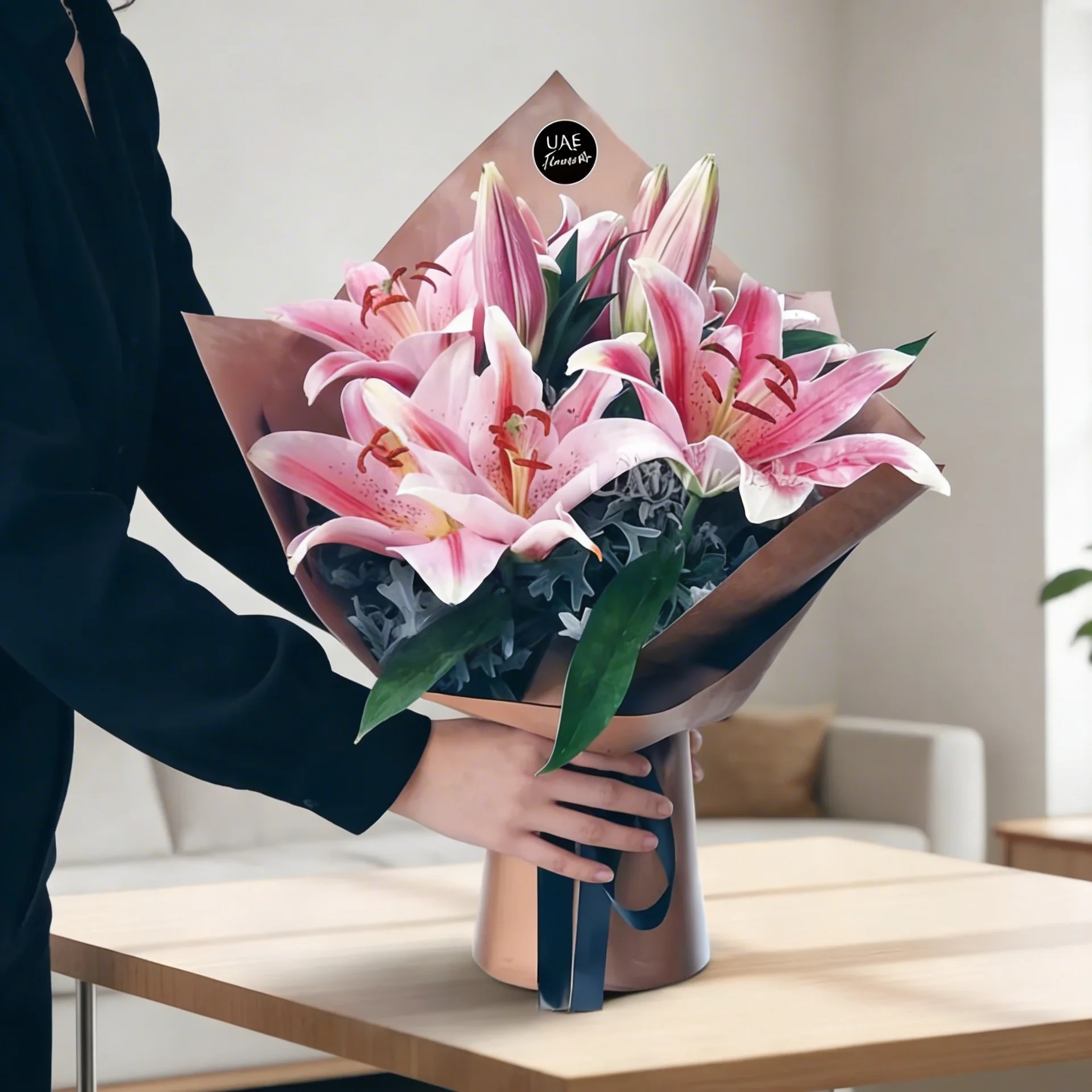 Adorned with bright pink lilies and luscious foliage in a brown wrapping paper tied with blue ribbon