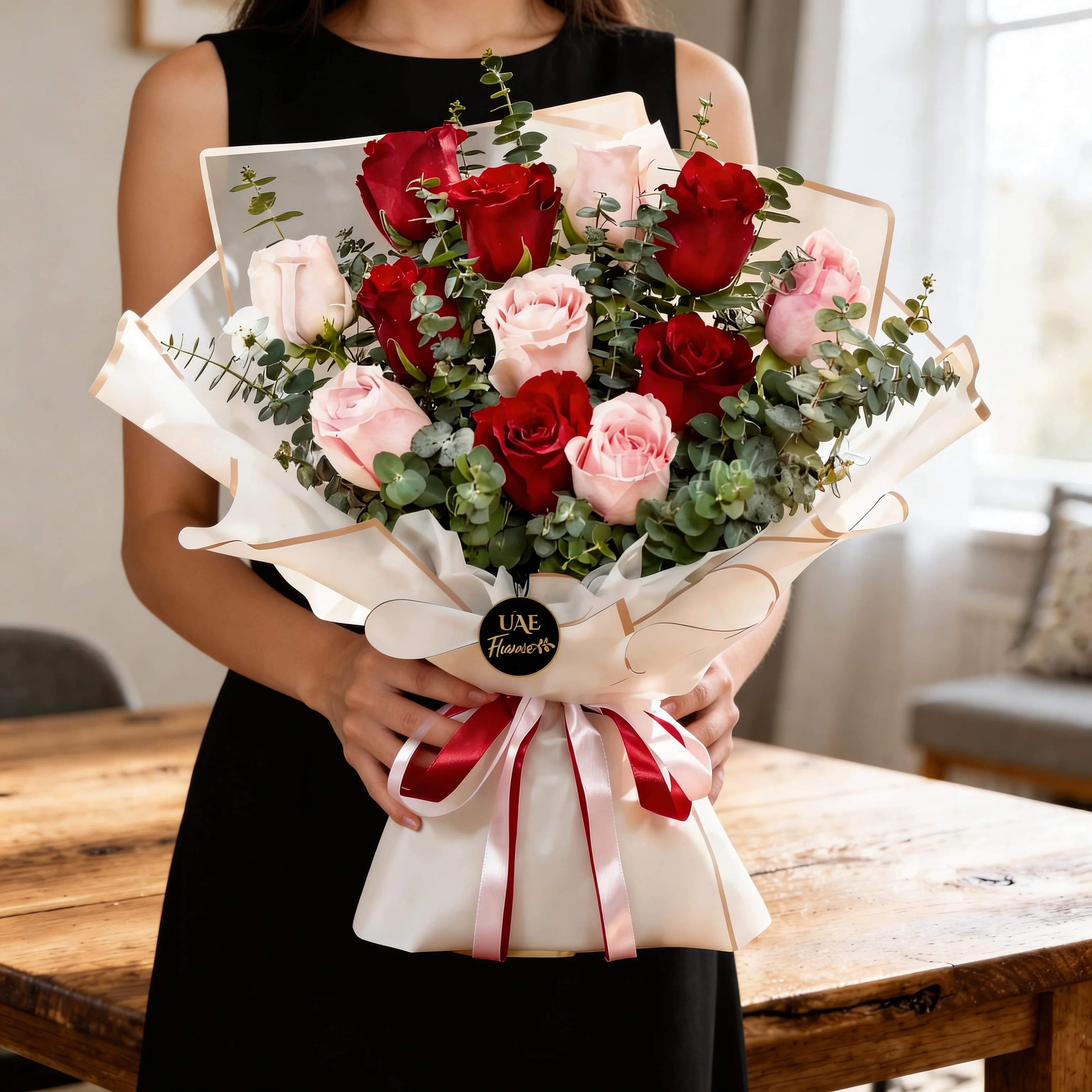 A bouquet of 12 red and pink roses with lots of eucalyptus leaves in white wrapping paper tied with red ribbon