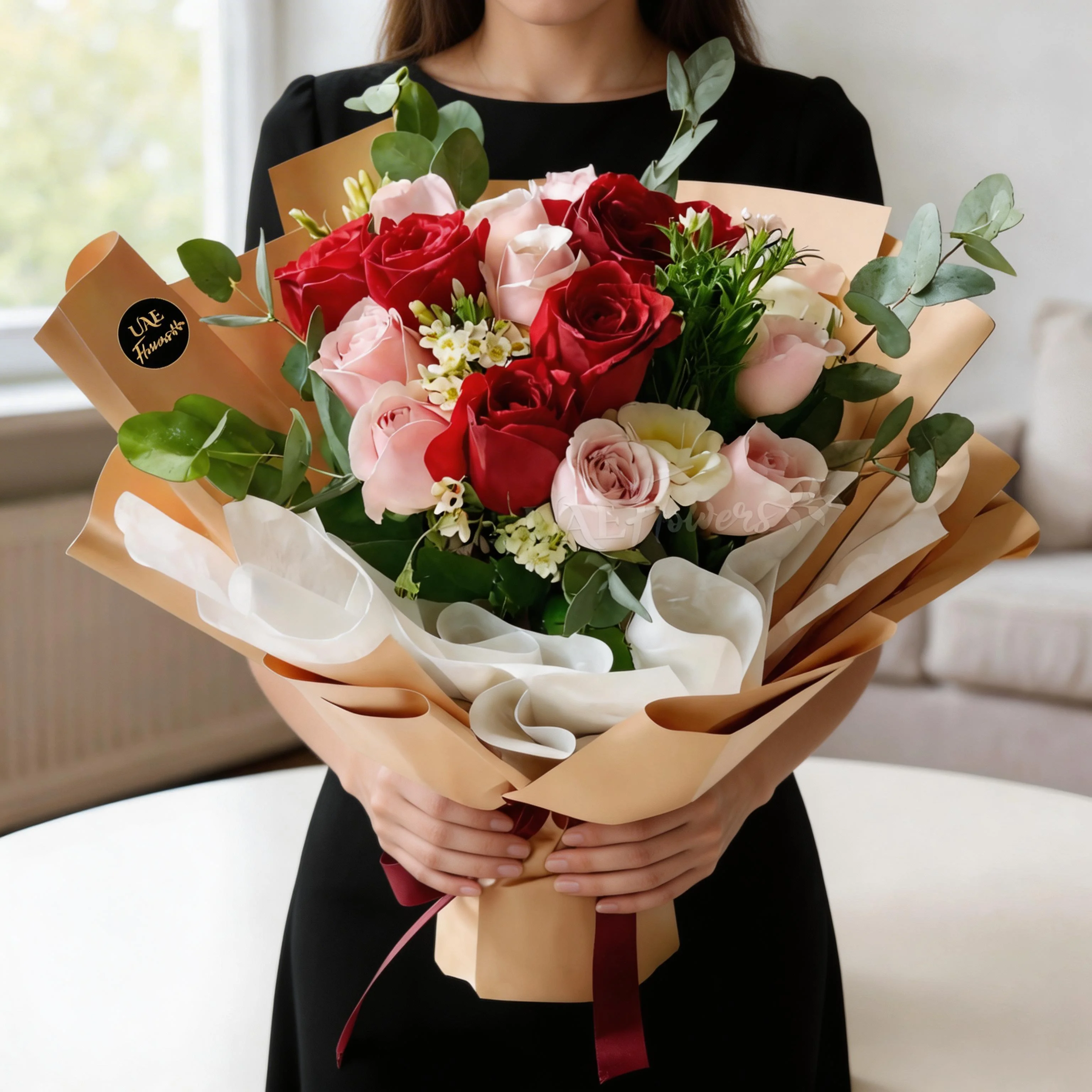 A bouquet of 6 pink roses and 6 red roses with eucalyptus leaf and green fillers in brown and white wrapping paper tied with brown ribbon