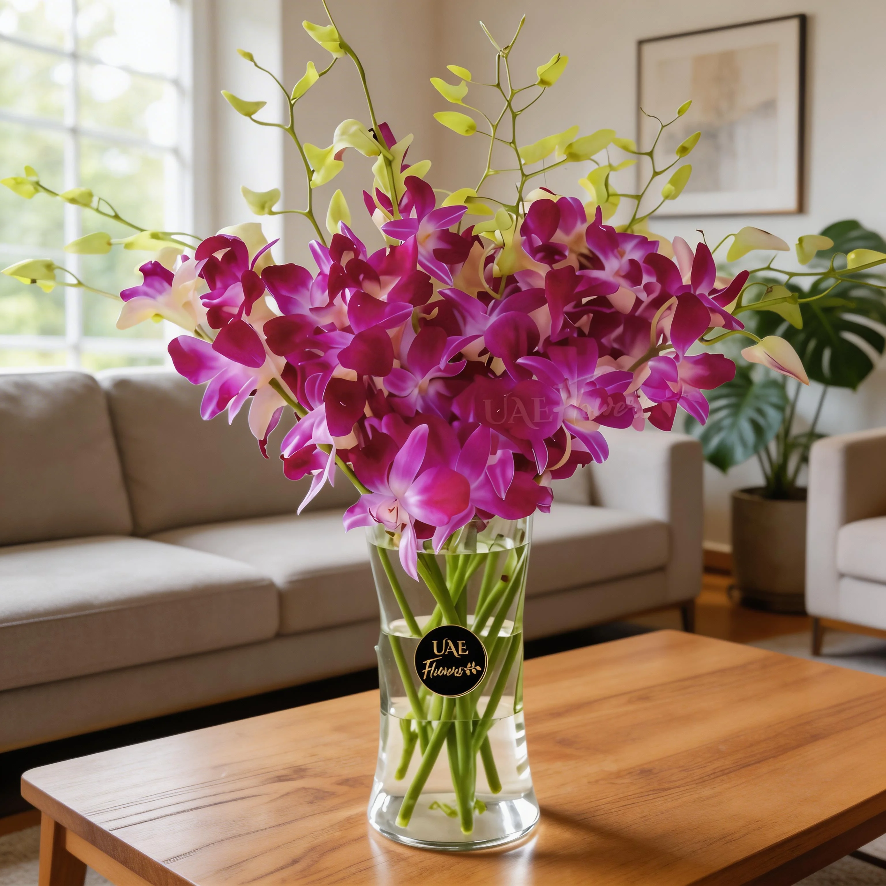 10 purple dendrobium orchids in a glass vase