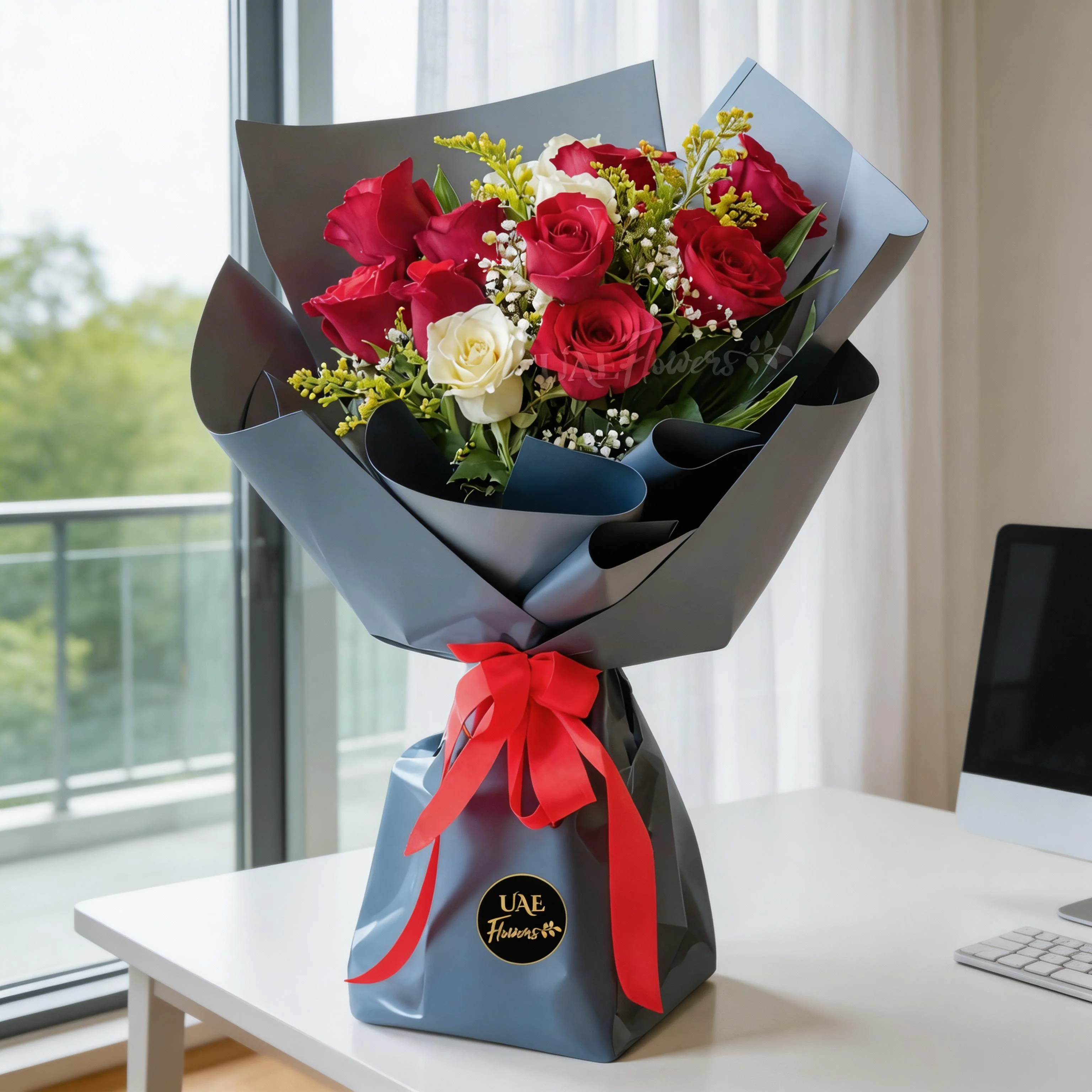 A bouquet of 9 red roses and 3 white roses with greens in white wrapping paper tied with a red ribbon
