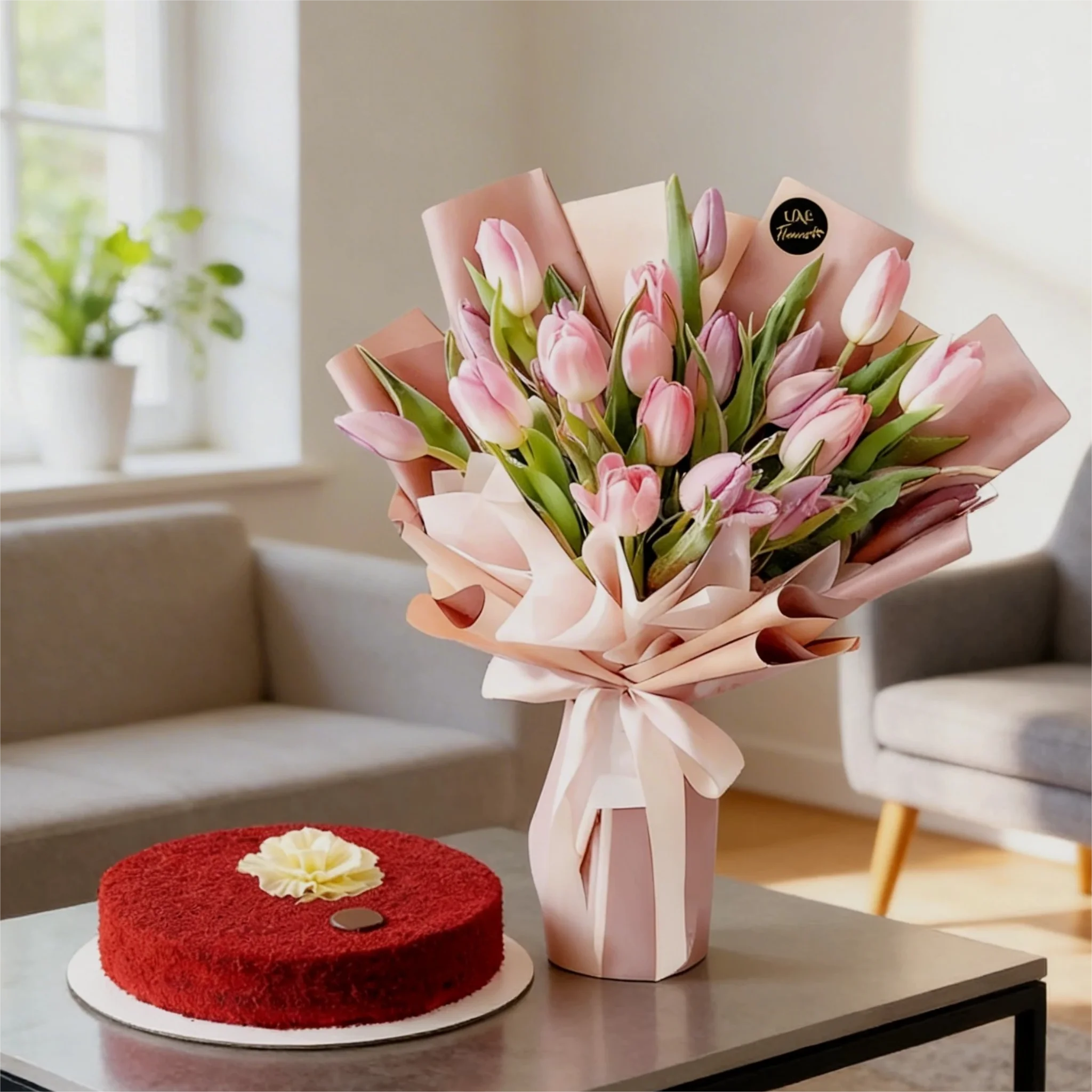 Bouquet of 20 pink tulips with fillers in paper packing with ribbons and 1 Kg red velvet cake.