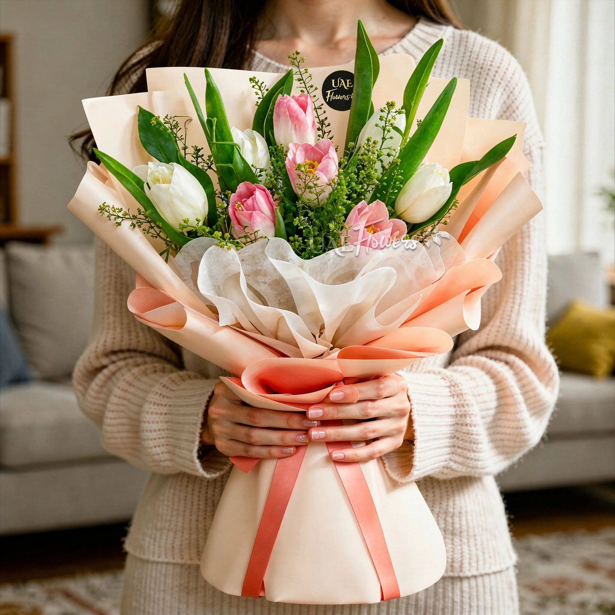 A bouquet of 10 white and pink tulips with fillers, wrapped in pink and white paper tied with pink ribbon