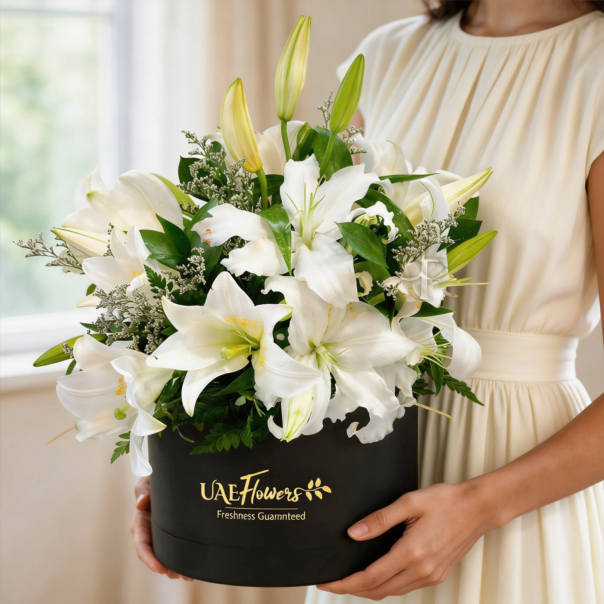5 white lilies with fillers in a black box