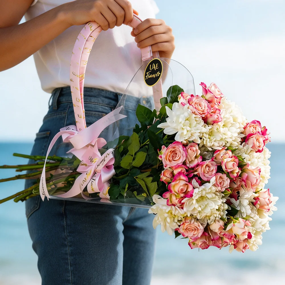 bouquet of 5 white chrysanthemums and 5 pink spray roses