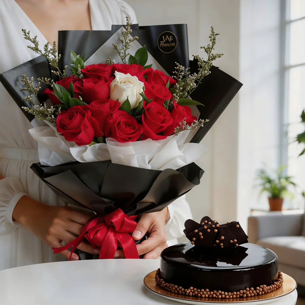 12 Red Roses with White Rose and Chocolate Fudge Cake