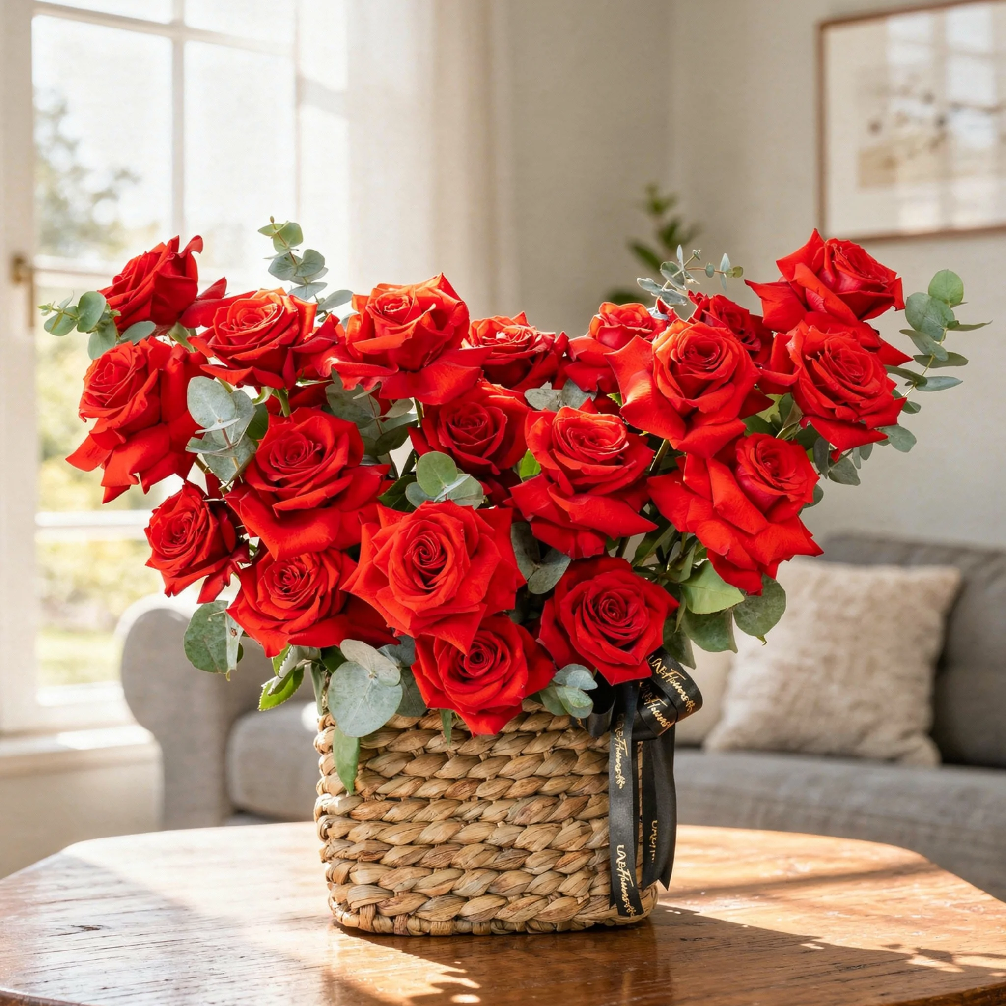 20 Opened Red Roses in a Basket with Fillers
