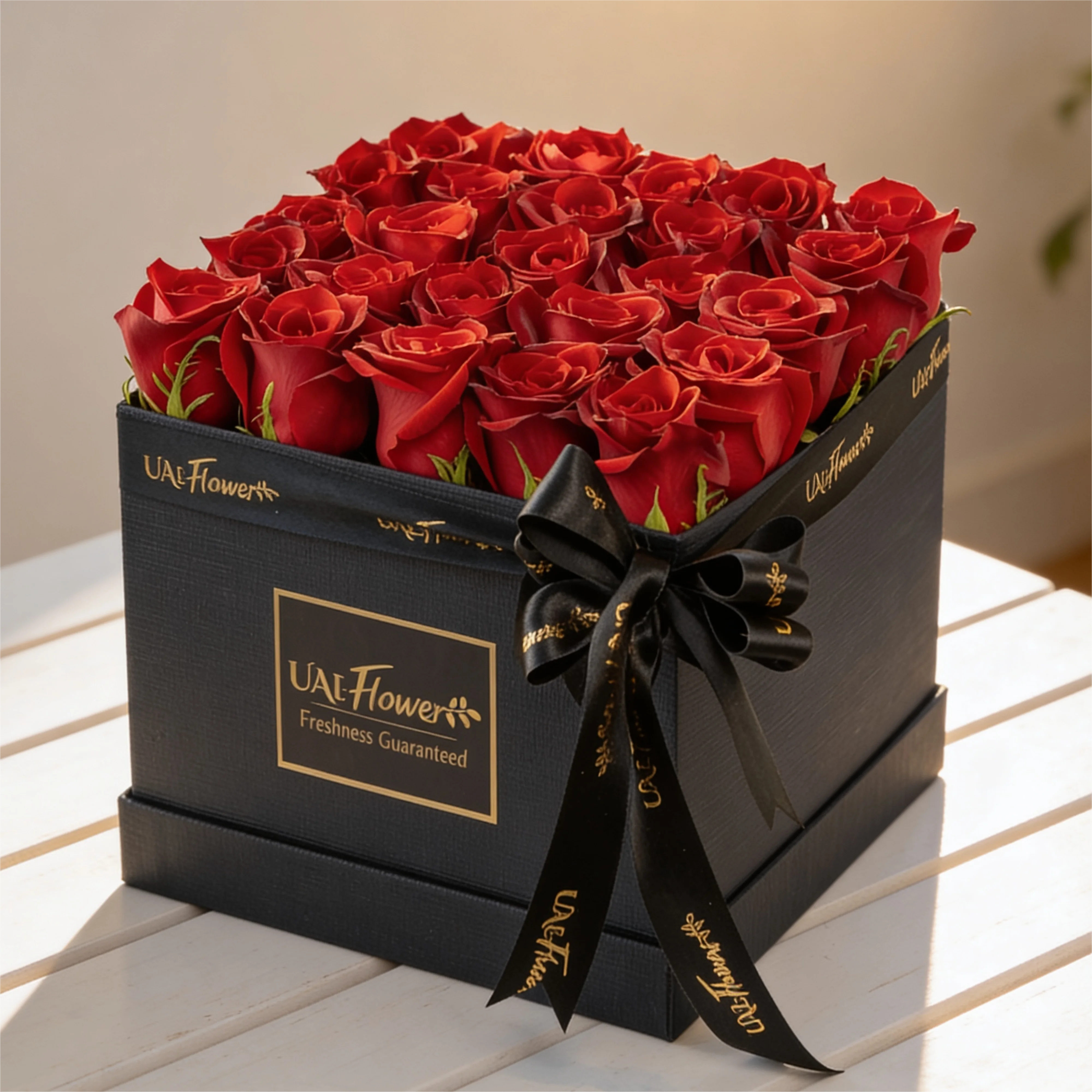 25 red roses in a square box.