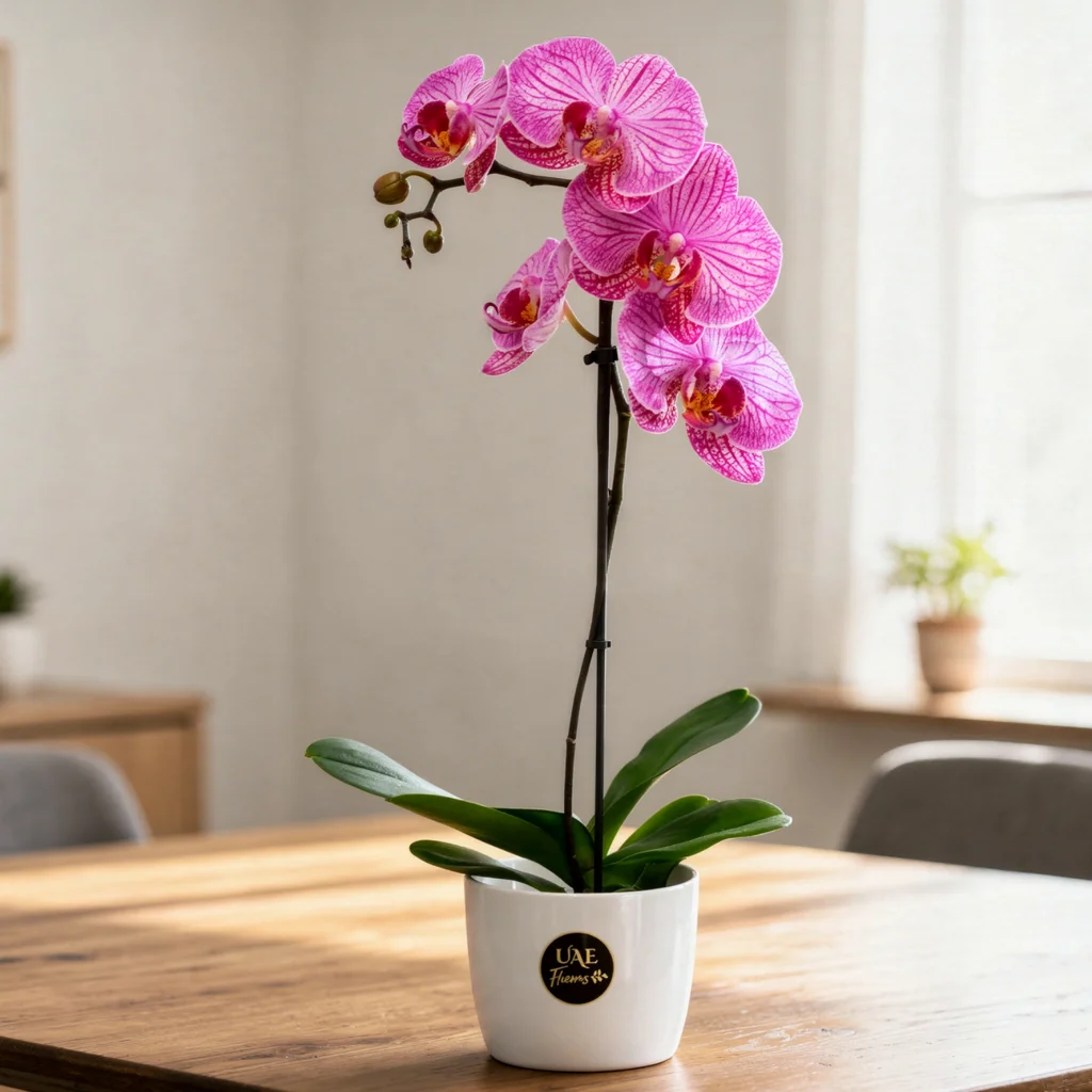 A single dark pink phalaenopsis orchid plant in a white pot