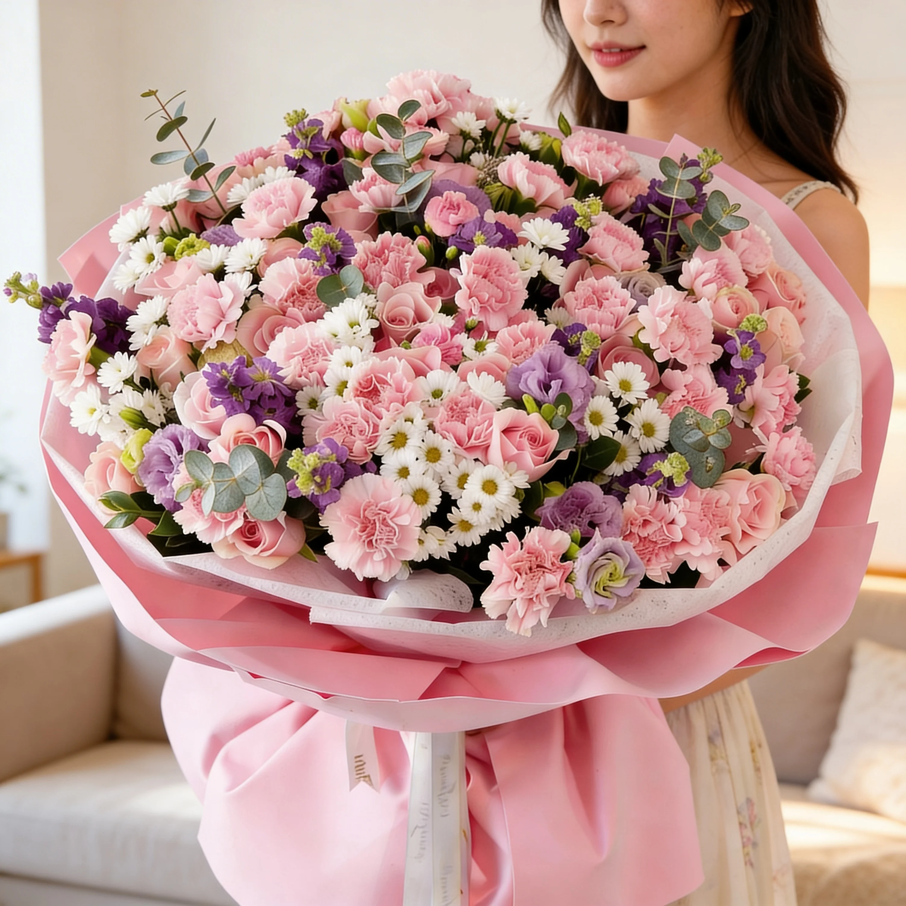 Bouquet of 10 purple matthiola, 10 white chrysanthemums, 10 purple lisianthus, 30 pink carnations and 50 pink roses with green fillers in nice wrapping.