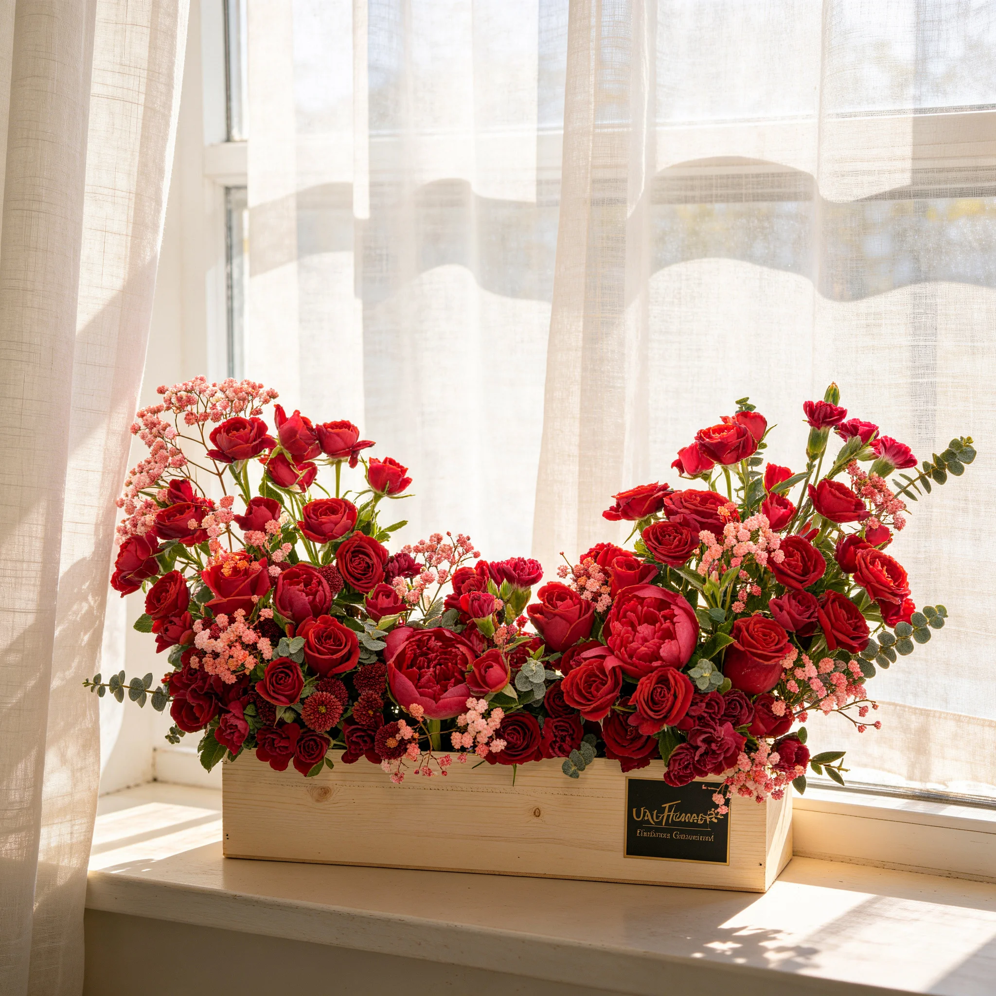 An arrangement of 10 red roses, 10 red spray roses and 3 red peonies with green fillers in a wooden tray.