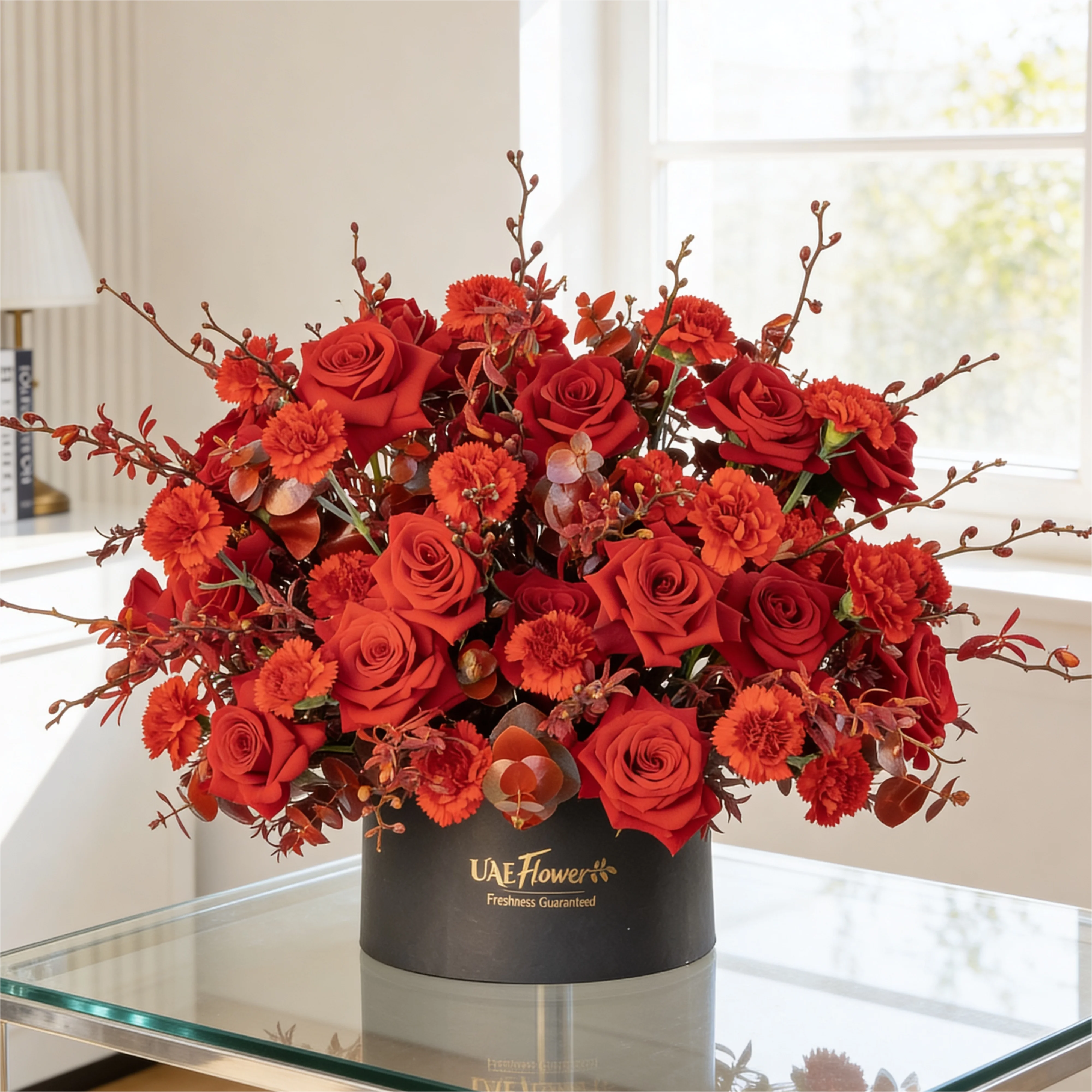 Grand round flower box filled with red roses, carnations, and Annie black orchids