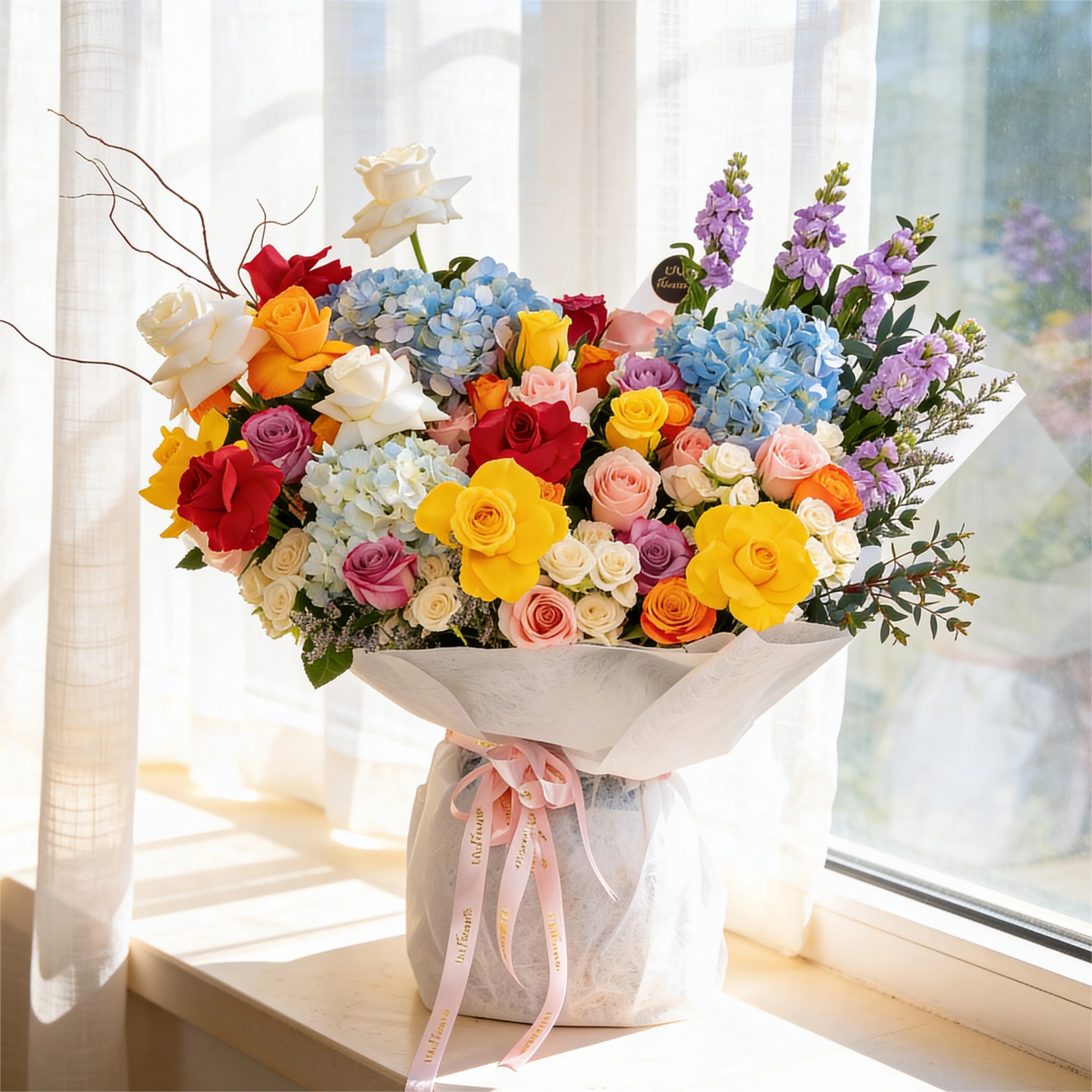 Bouquet of 25 mix roses, 6 white spray roses, 3 blue hydrangeas and 5 purple matthiola with green fillers in white paper packing tied with pink ribbon.
