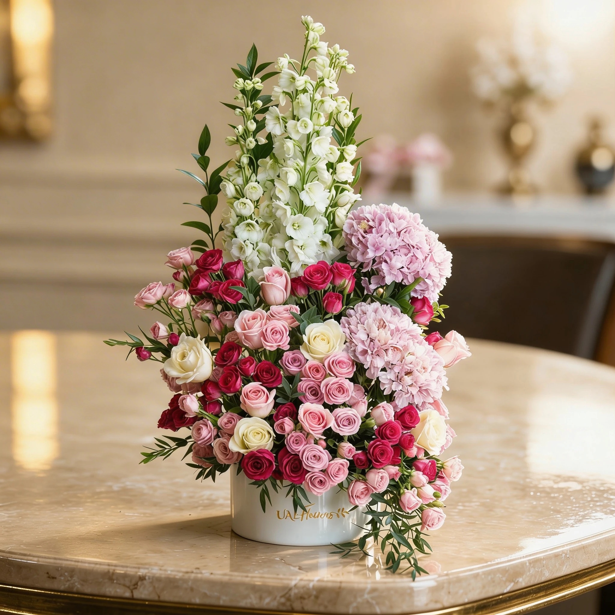 Pink and white flower arrangement with delphiniums, hydrangeas, and roses in a round white box