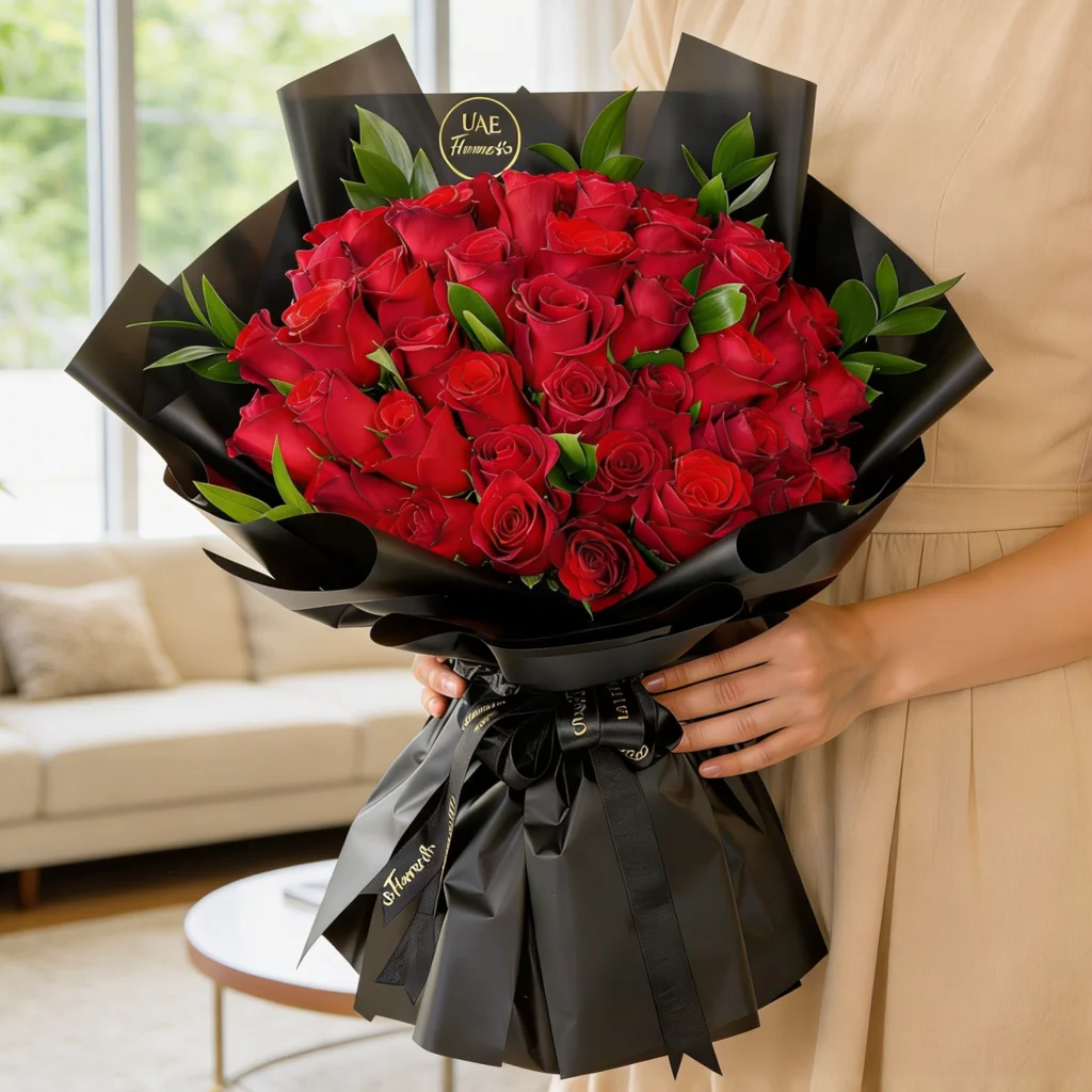 Bouquet of 40 Red Roses with green fillers in red wrapping.