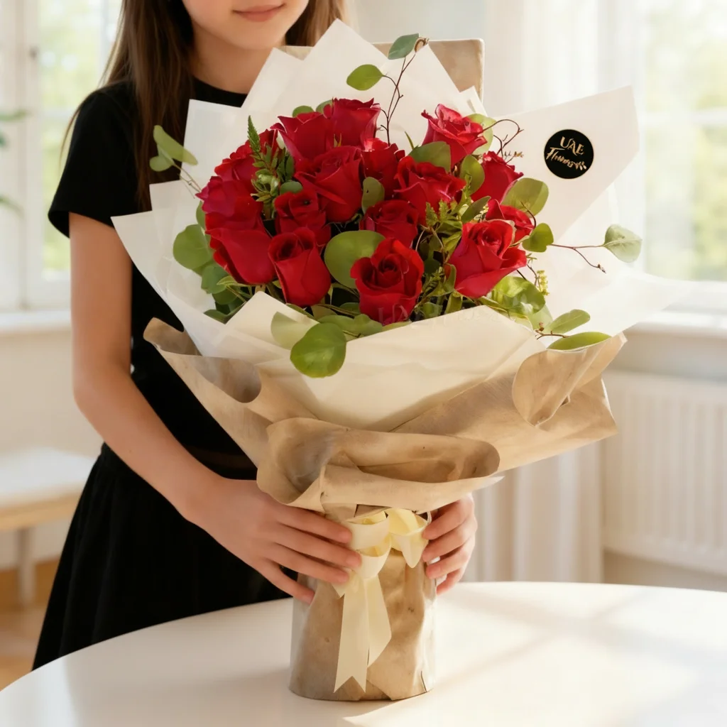 A bouquet of 12 red roses with green fillers wrapped in black and grey paper tied with red ribbons