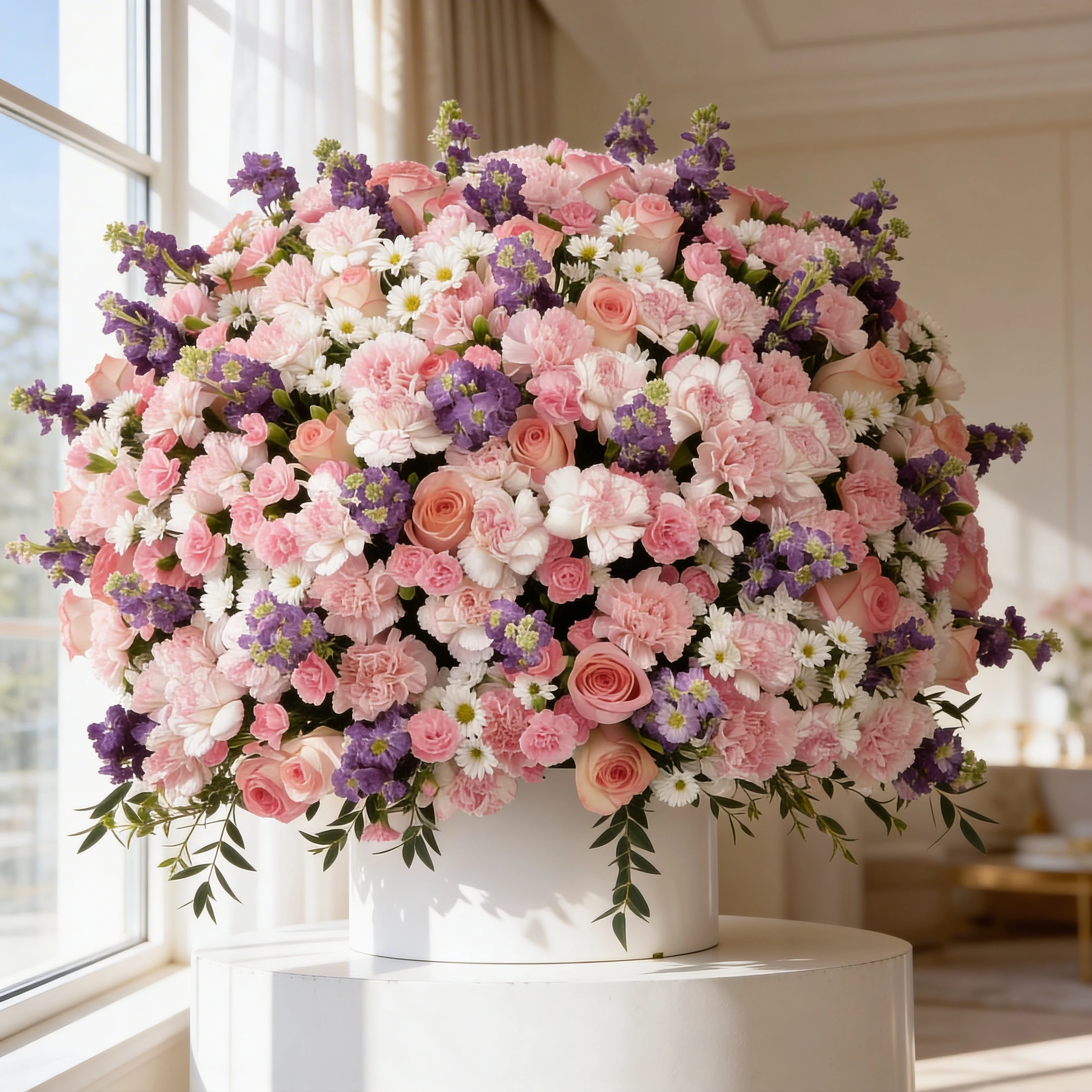 50 pink carnations, 50 pink roses, 20 pink spray carnations, 20 purple matthiola and 10 white chrysanthemums with green fillers in a round white box.