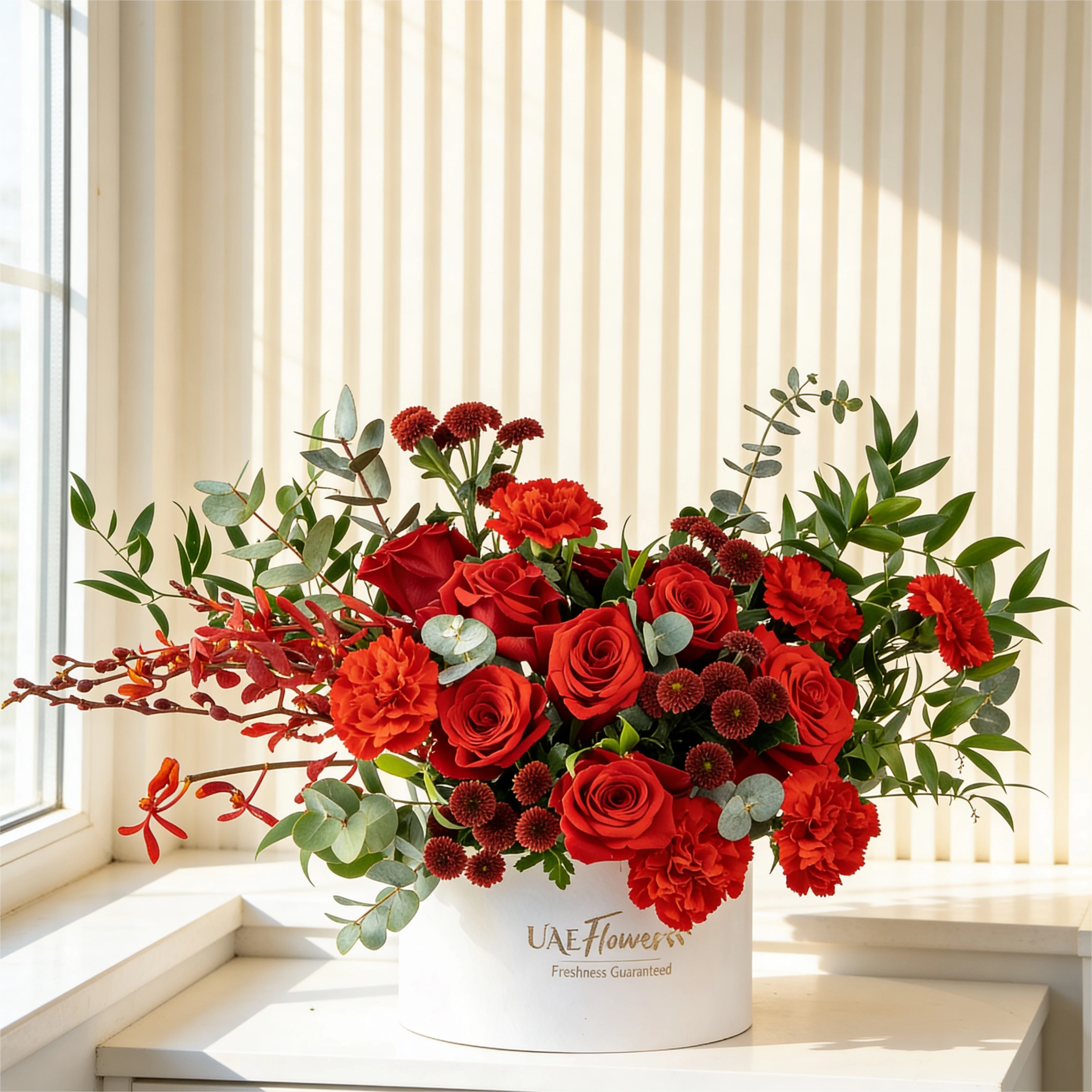 7 red roses, 4 red chrysanthemums, 6 red carnations and 3 annies black orchids with fillers in a round box.