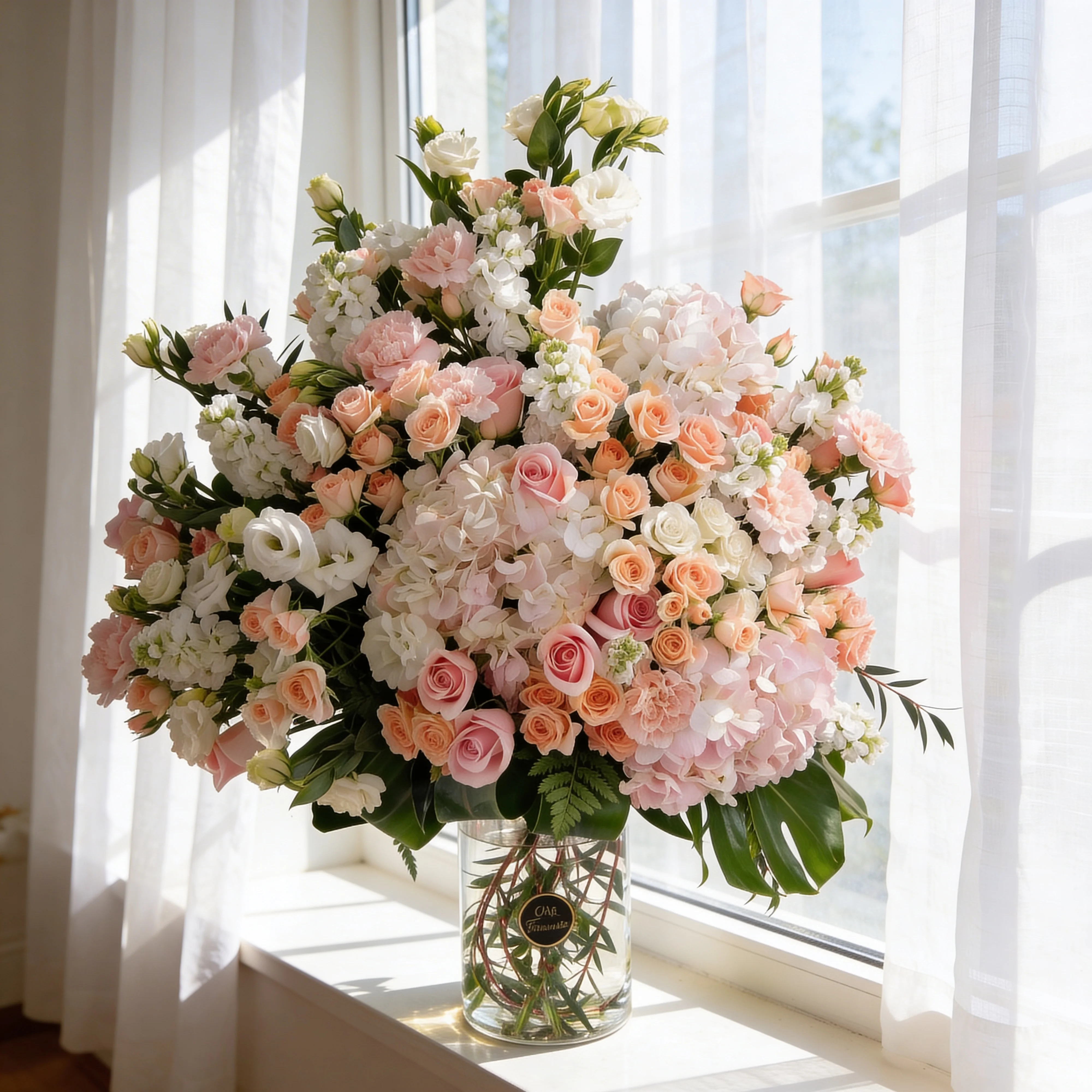 10 white lisianthus, 10 white matthiola, 10 peach roses, 10 pink carnations, 15 pink spray roses and 3 pink hydrangeas with green fillers in a glass vase.