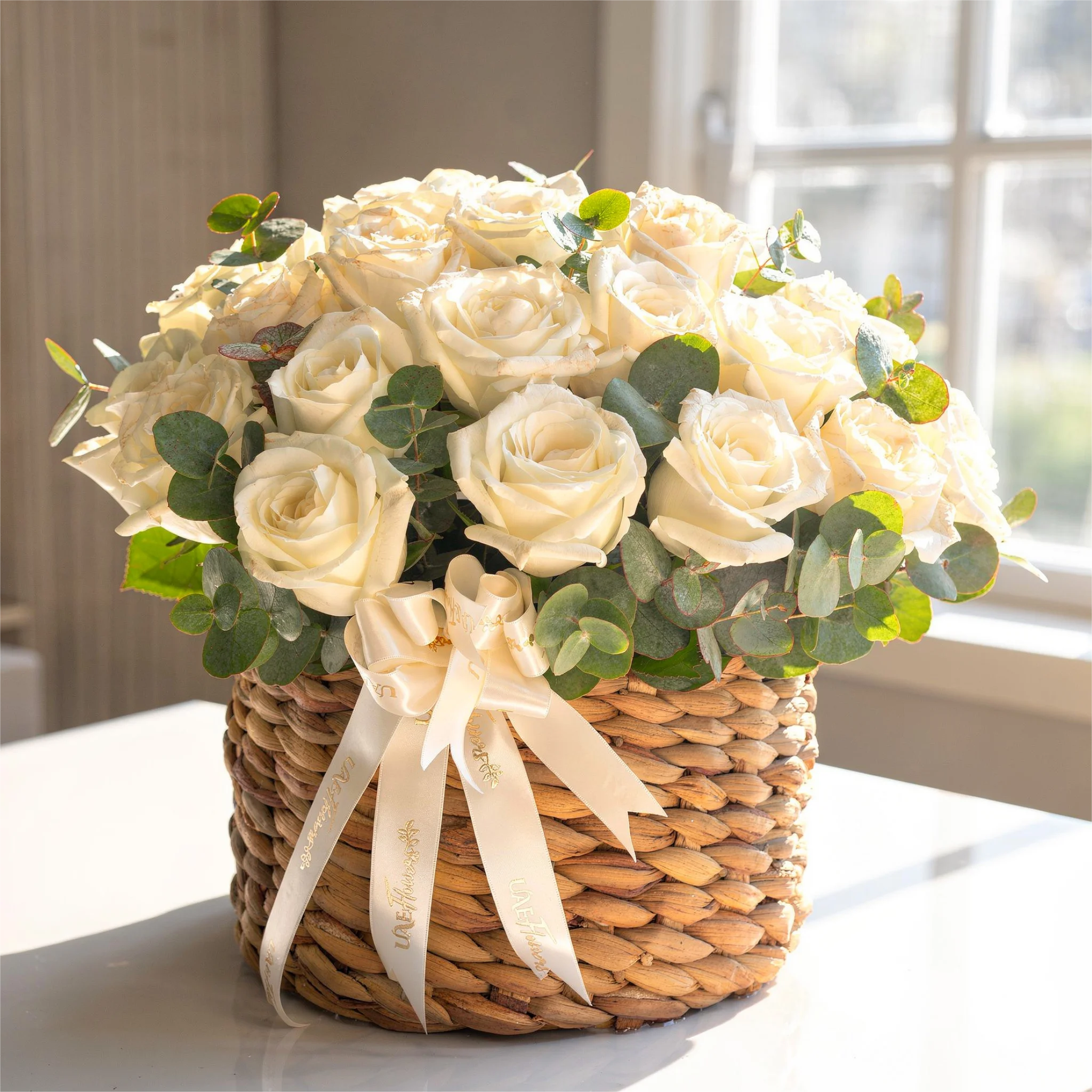 12 White Roses in a Round Basket