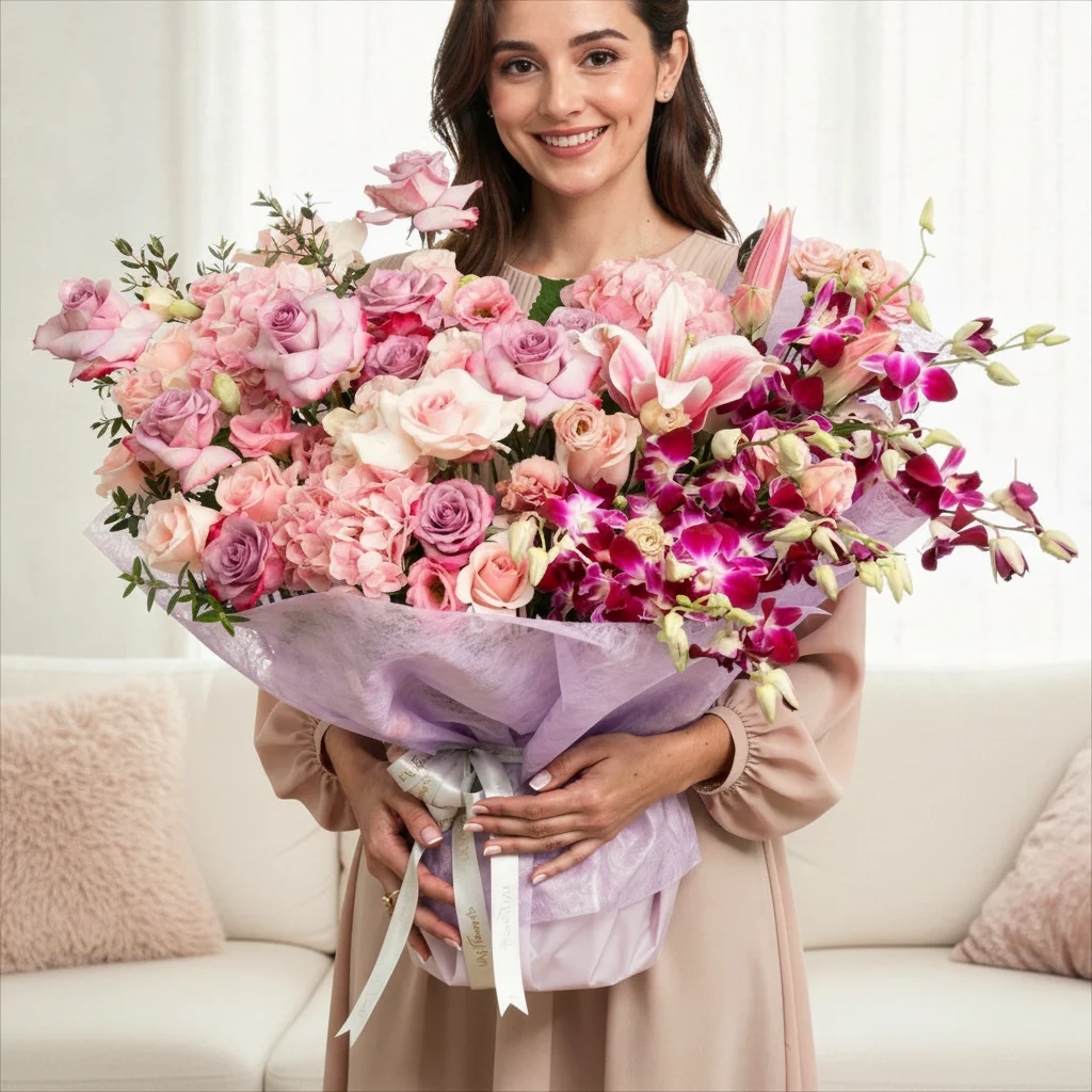 bouquet with pink, lilies, roses, hydrangeas, purple orchids