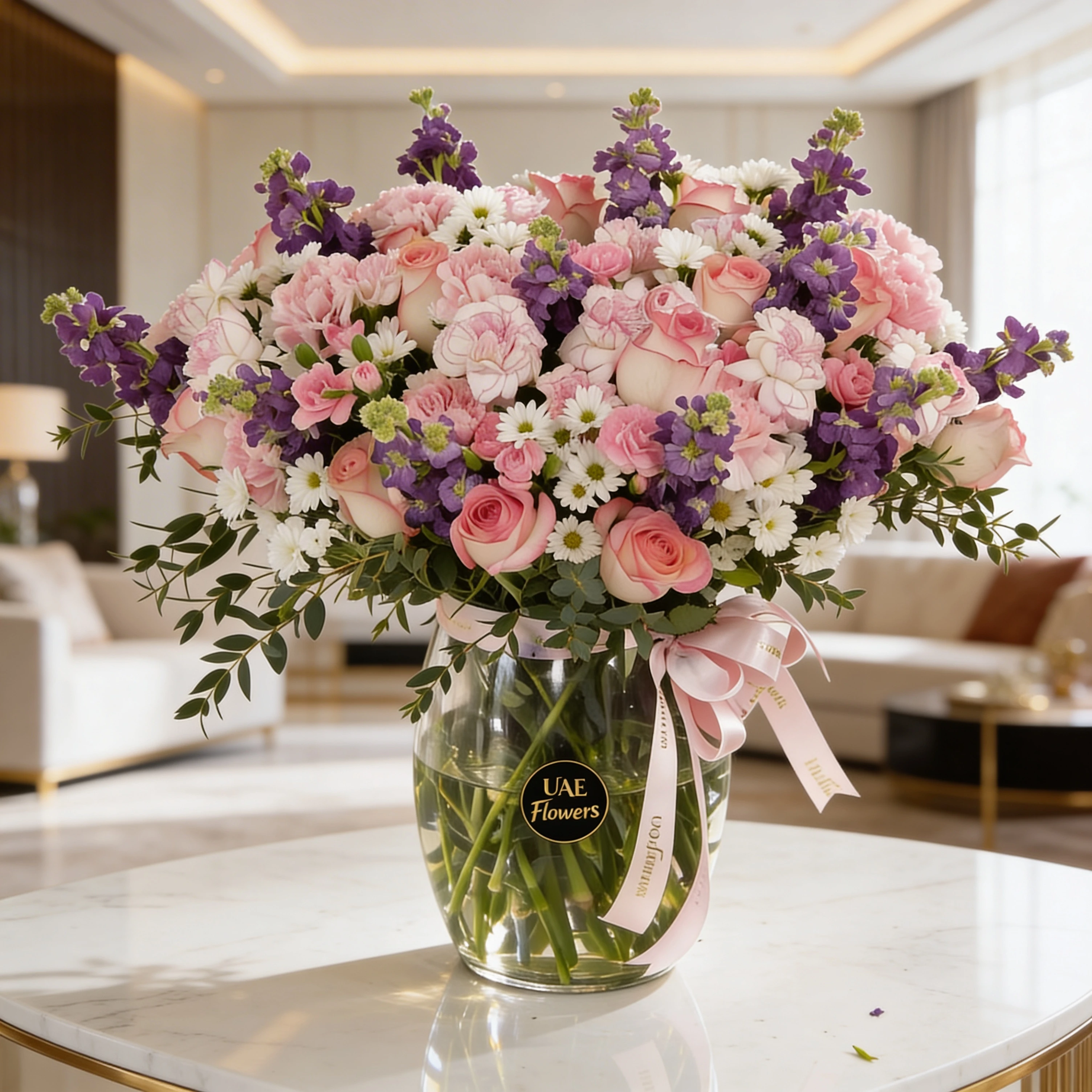 15 pink carnations, 15 pink roses, 10 pink spray carnations, 12 purple  mattiolla and 5 white chrysanthemums with green fillers in glass vase.